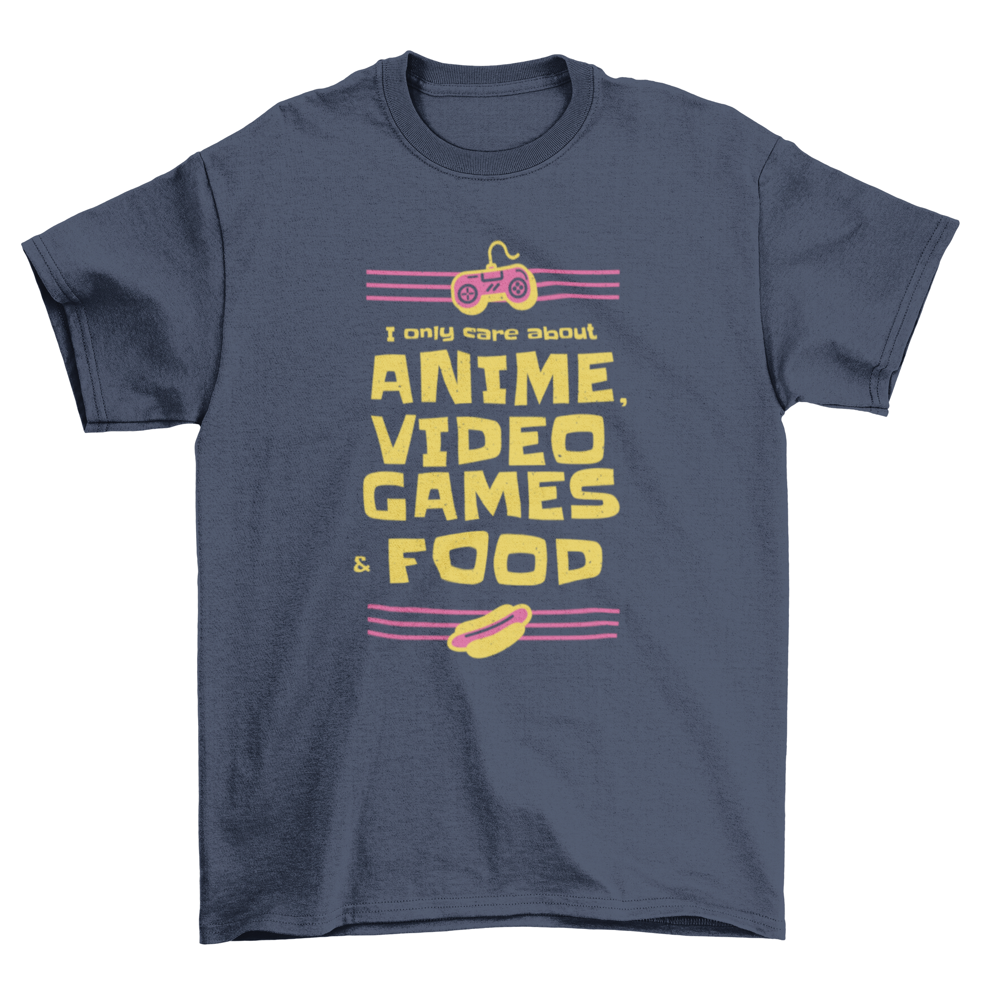 A humorous t-shirt featuring the quote 'I only care about anime video games & food' in bold letters, perfect for anime and gaming fans.