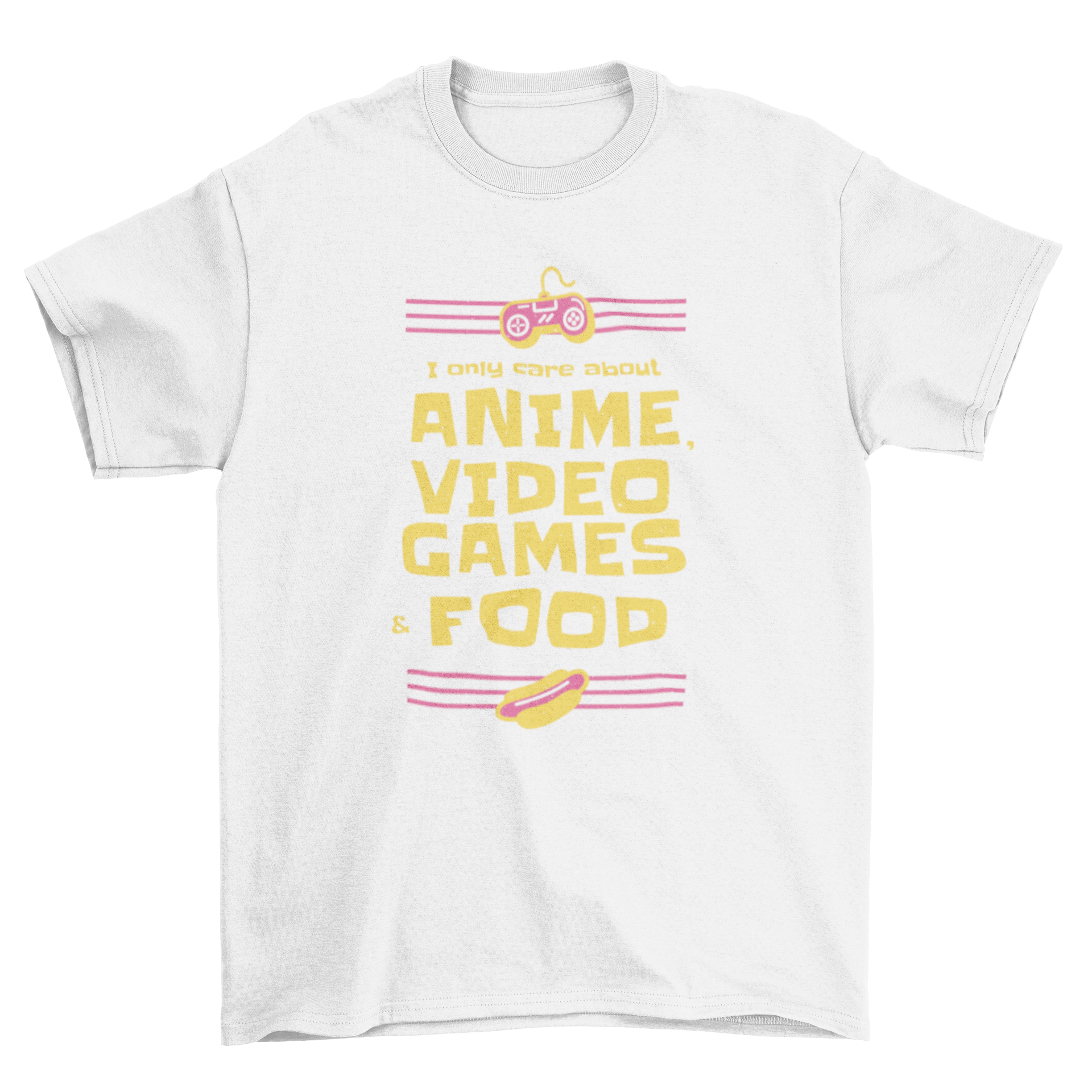 A humorous t-shirt featuring the quote 'I only care about anime video games & food' in bold letters, perfect for anime and gaming fans.