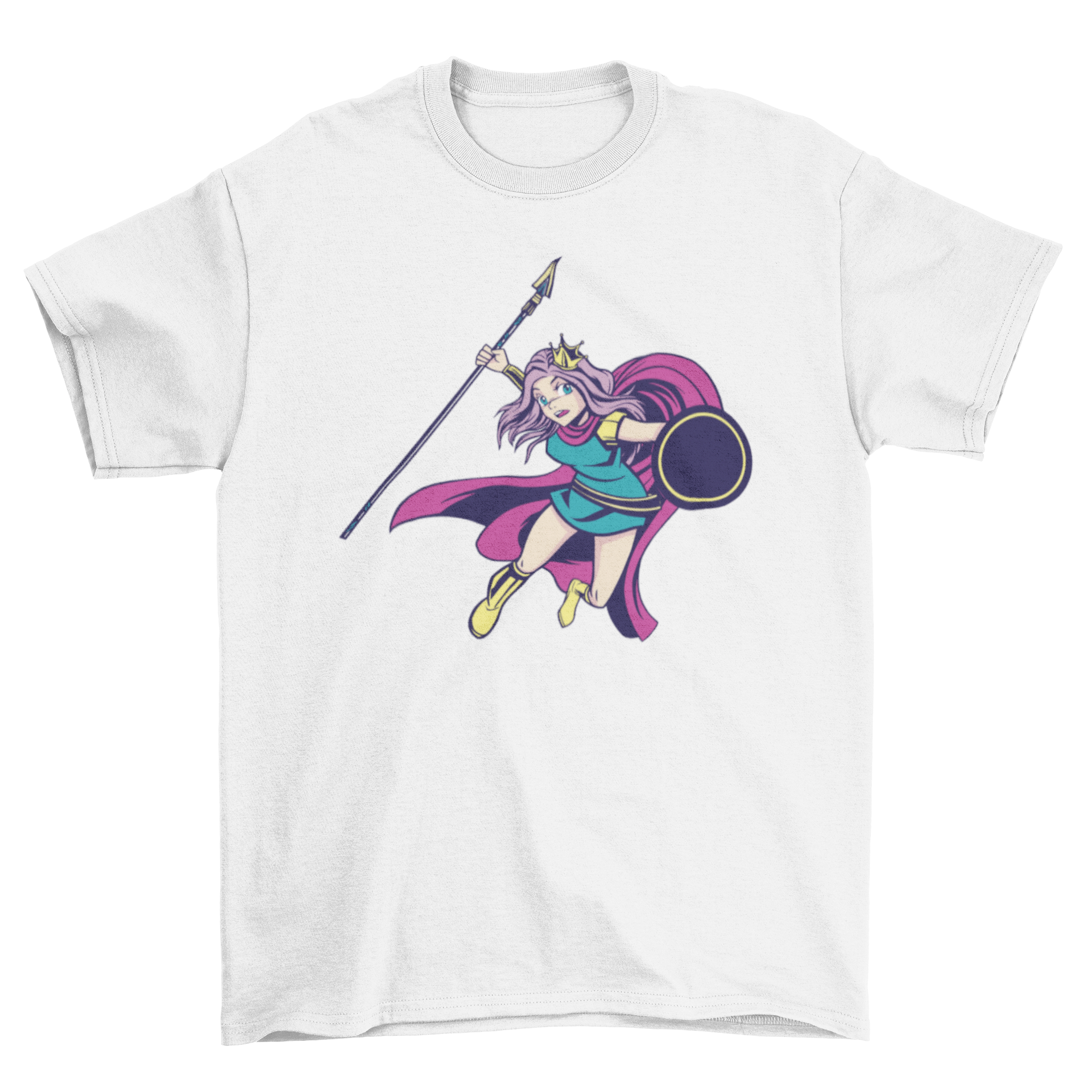 Anime warrior princess t-shirt featuring a fierce character with a spear and shield, showcasing vibrant colors and intricate details.