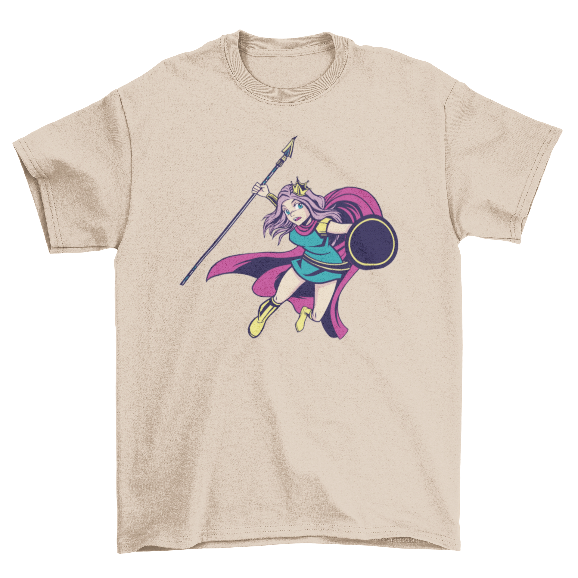 Anime warrior princess t-shirt featuring a fierce character with a spear and shield, showcasing vibrant colors and intricate details.