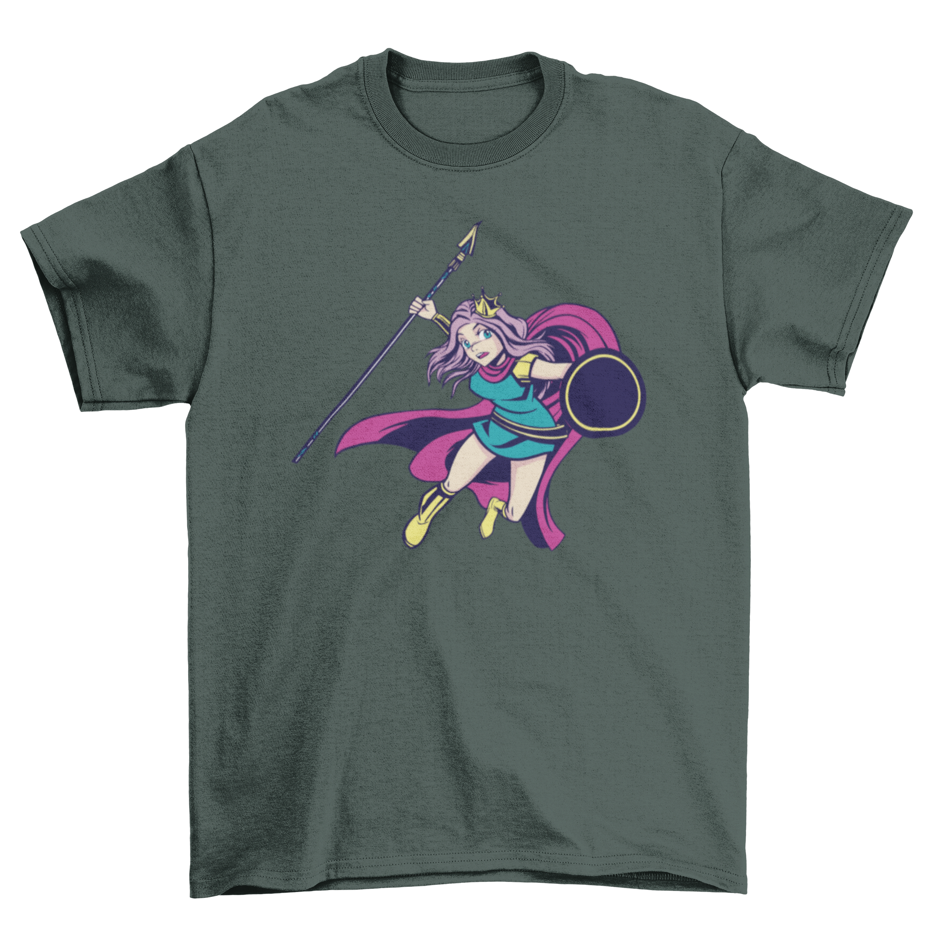 Anime warrior princess t-shirt featuring a fierce character with a spear and shield, showcasing vibrant colors and intricate details.