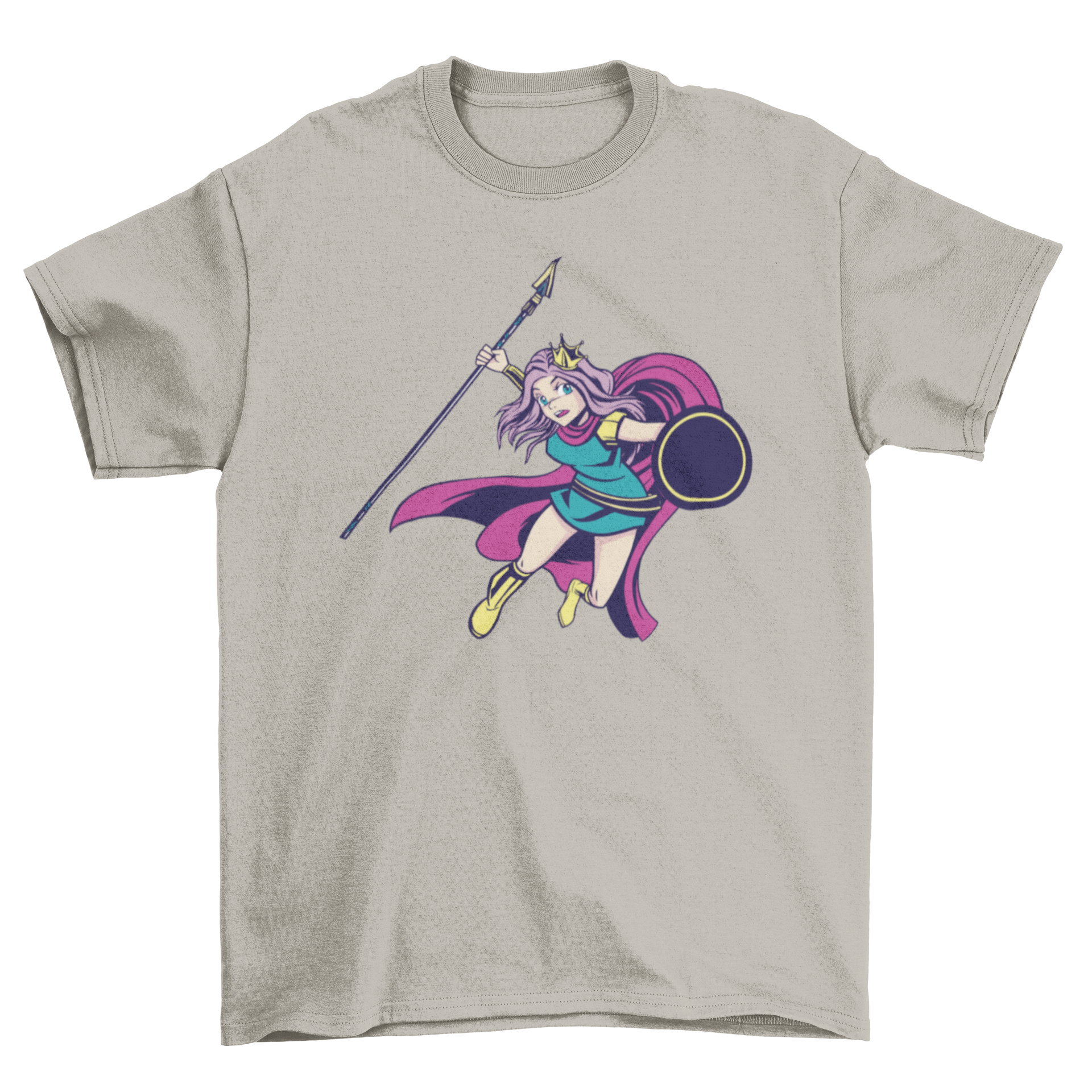 Anime warrior princess t-shirt featuring a fierce character with a spear and shield, showcasing vibrant colors and intricate details.