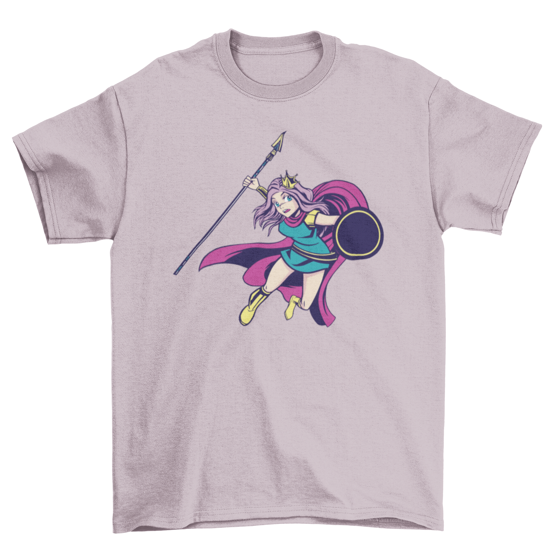 Anime warrior princess t-shirt featuring a fierce character with a spear and shield, showcasing vibrant colors and intricate details.