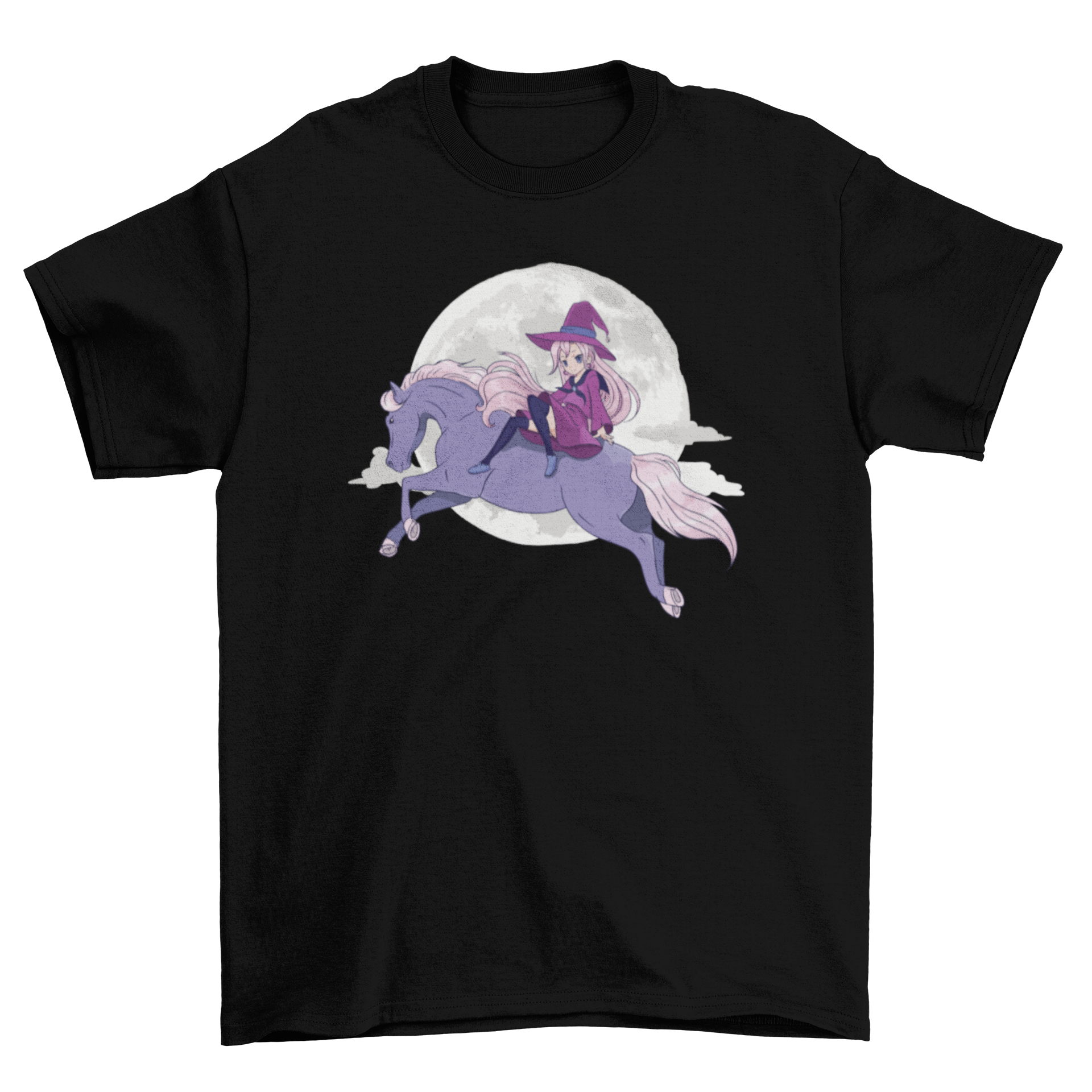 Anime-style t-shirt featuring a witch riding a purple horse, perfect for Halloween.