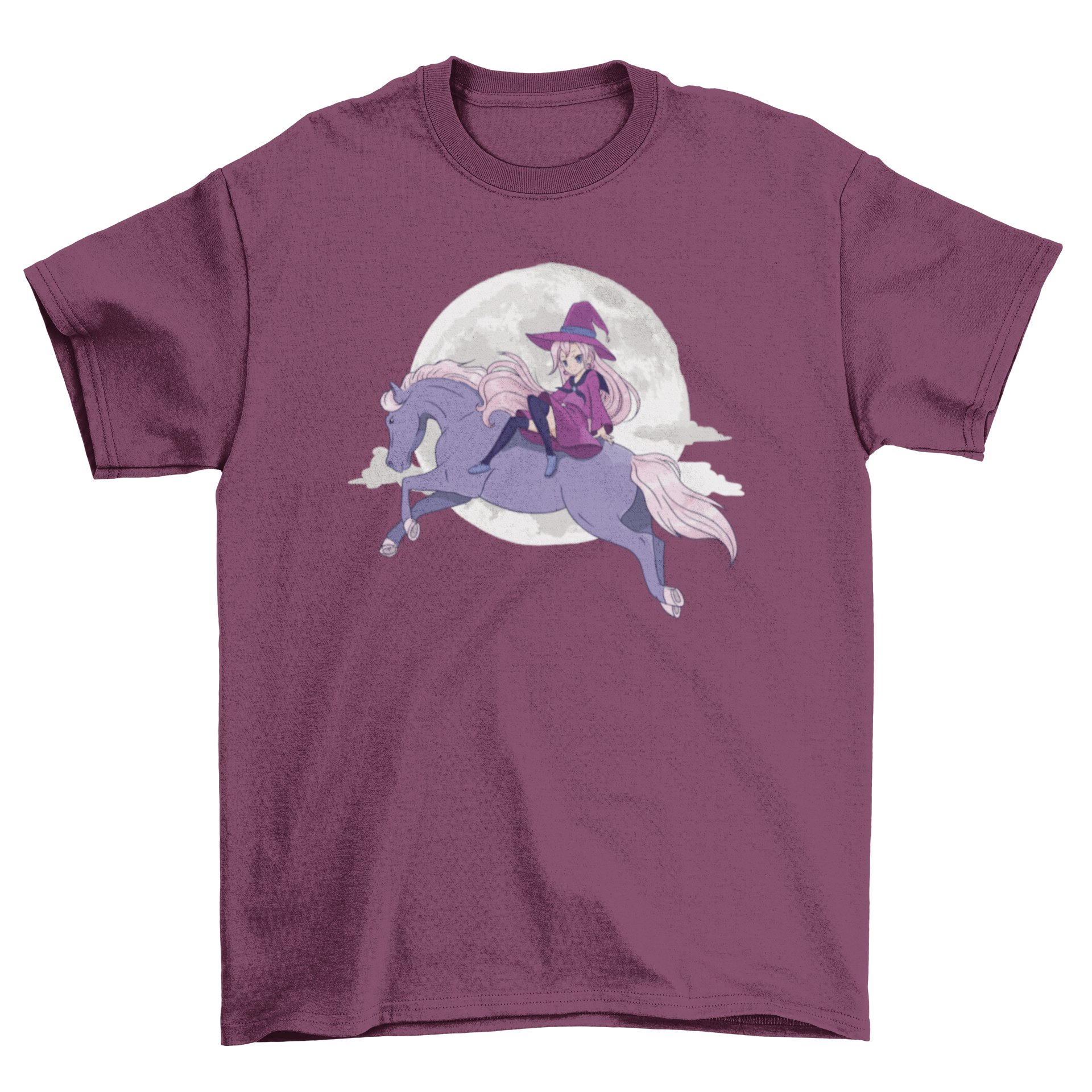 Anime-style t-shirt featuring a witch riding a purple horse, perfect for Halloween.