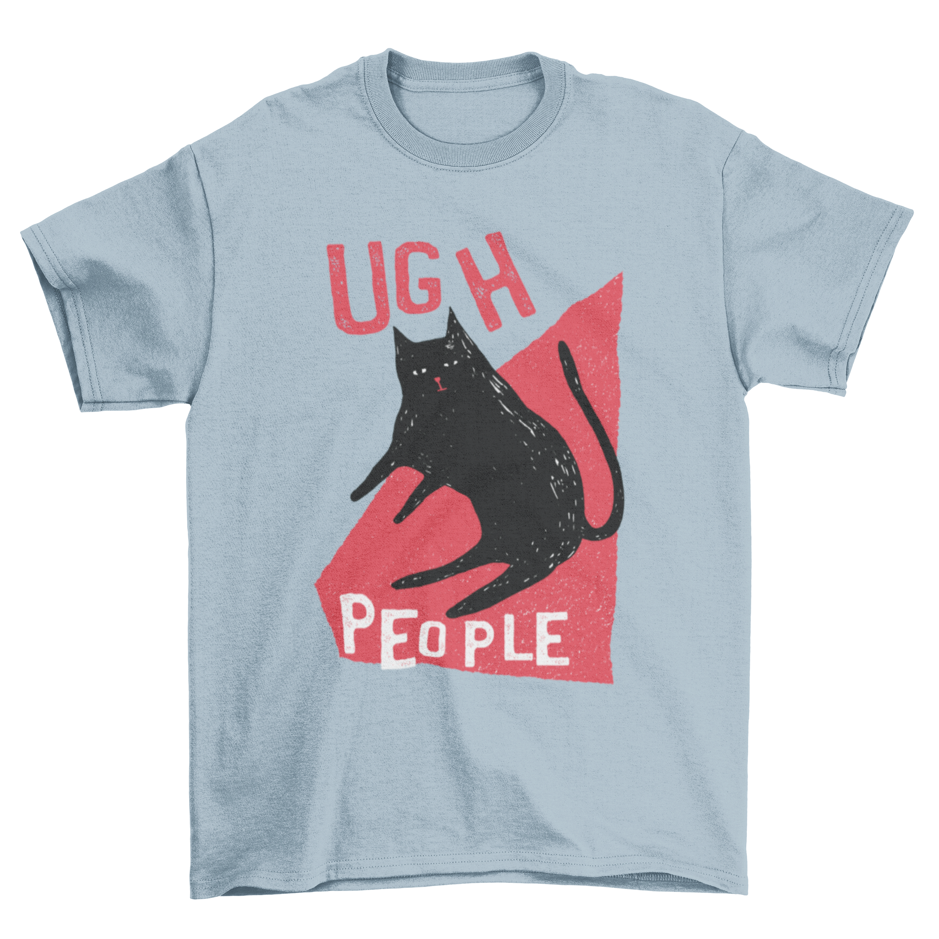 Annoyed black cat illustration with 'Ugh People' text on a vibrant red background, featured on a stylish t-shirt.