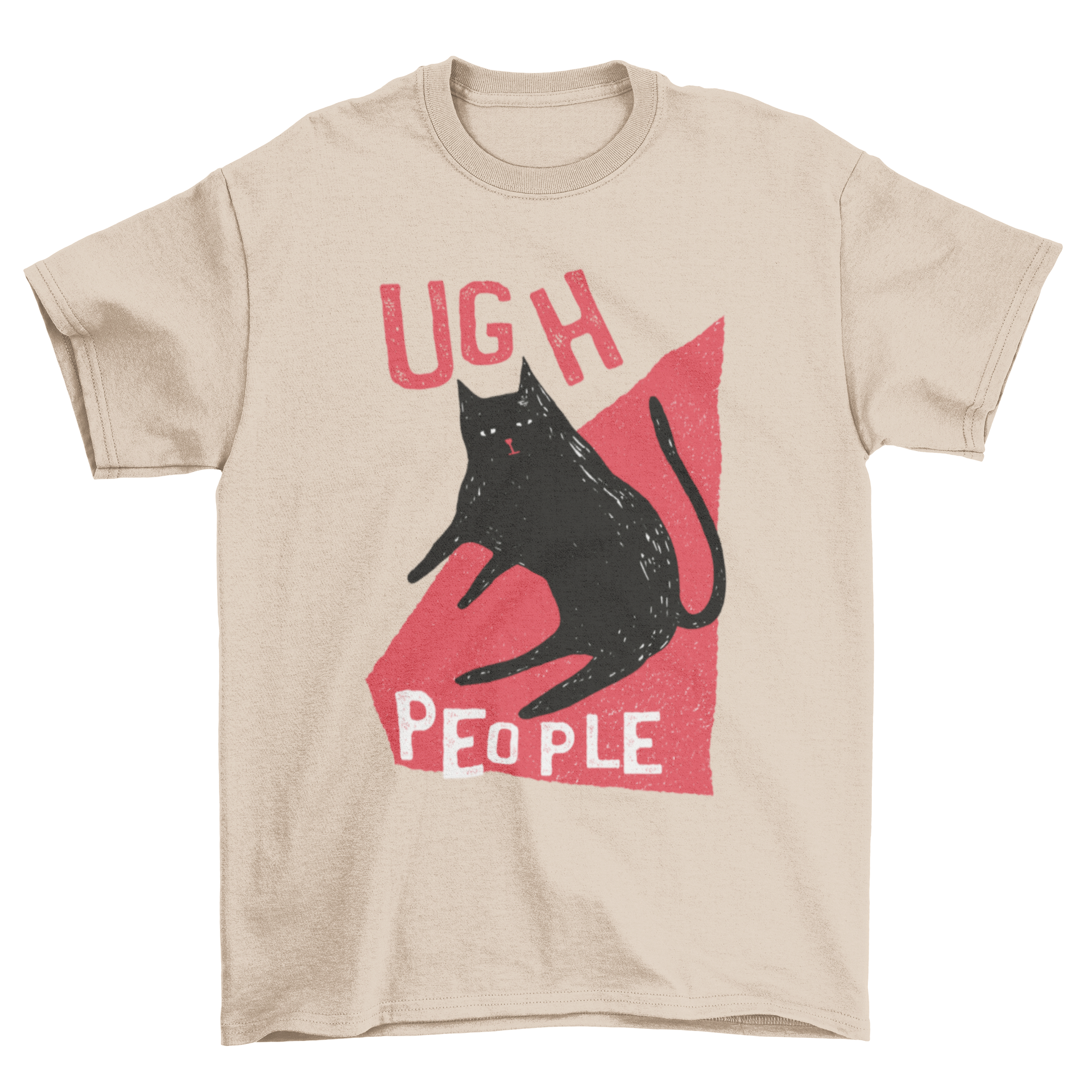 Annoyed black cat illustration with 'Ugh People' text on a vibrant red background, featured on a stylish t-shirt.