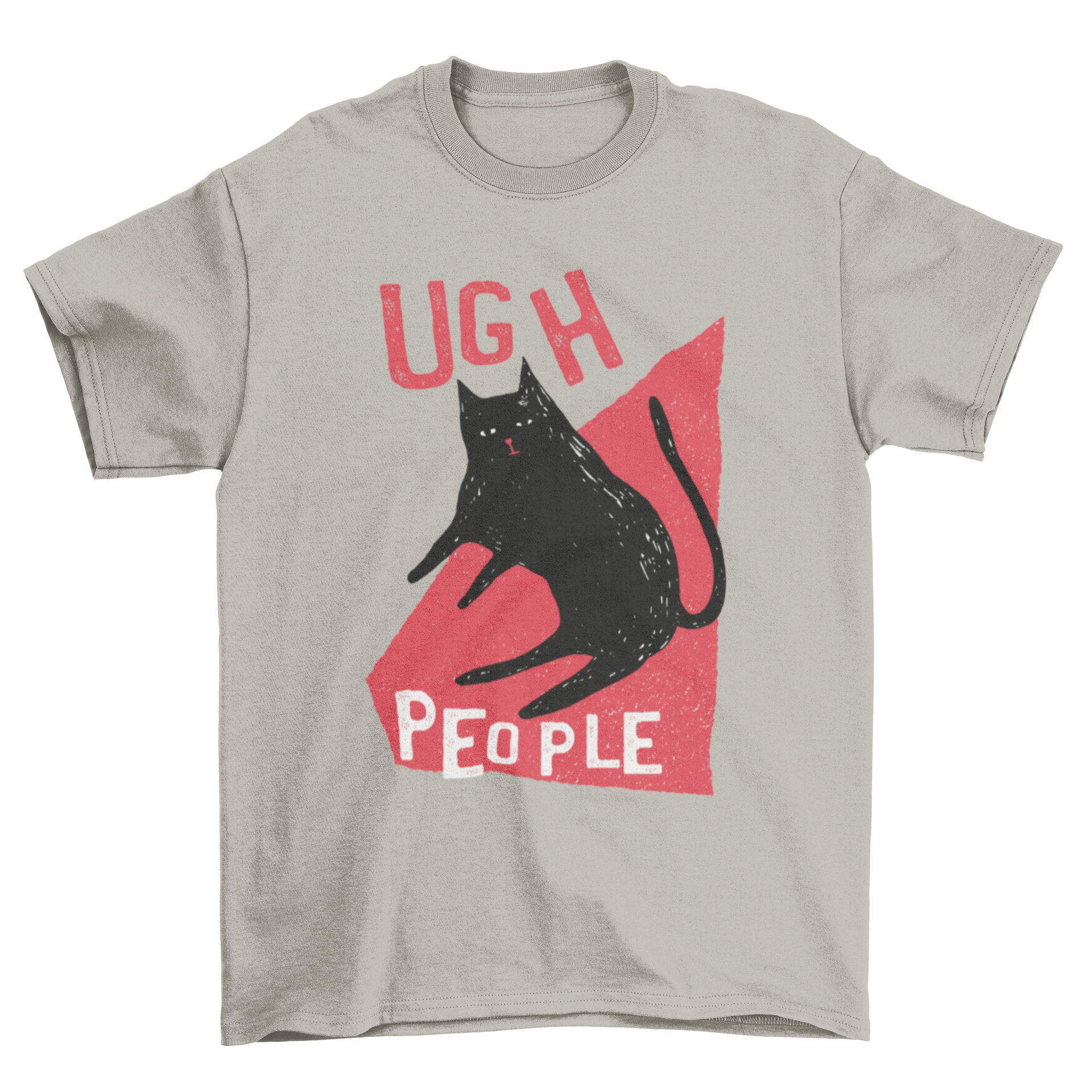 Annoyed black cat illustration with 'Ugh People' text on a vibrant red background, featured on a stylish t-shirt.