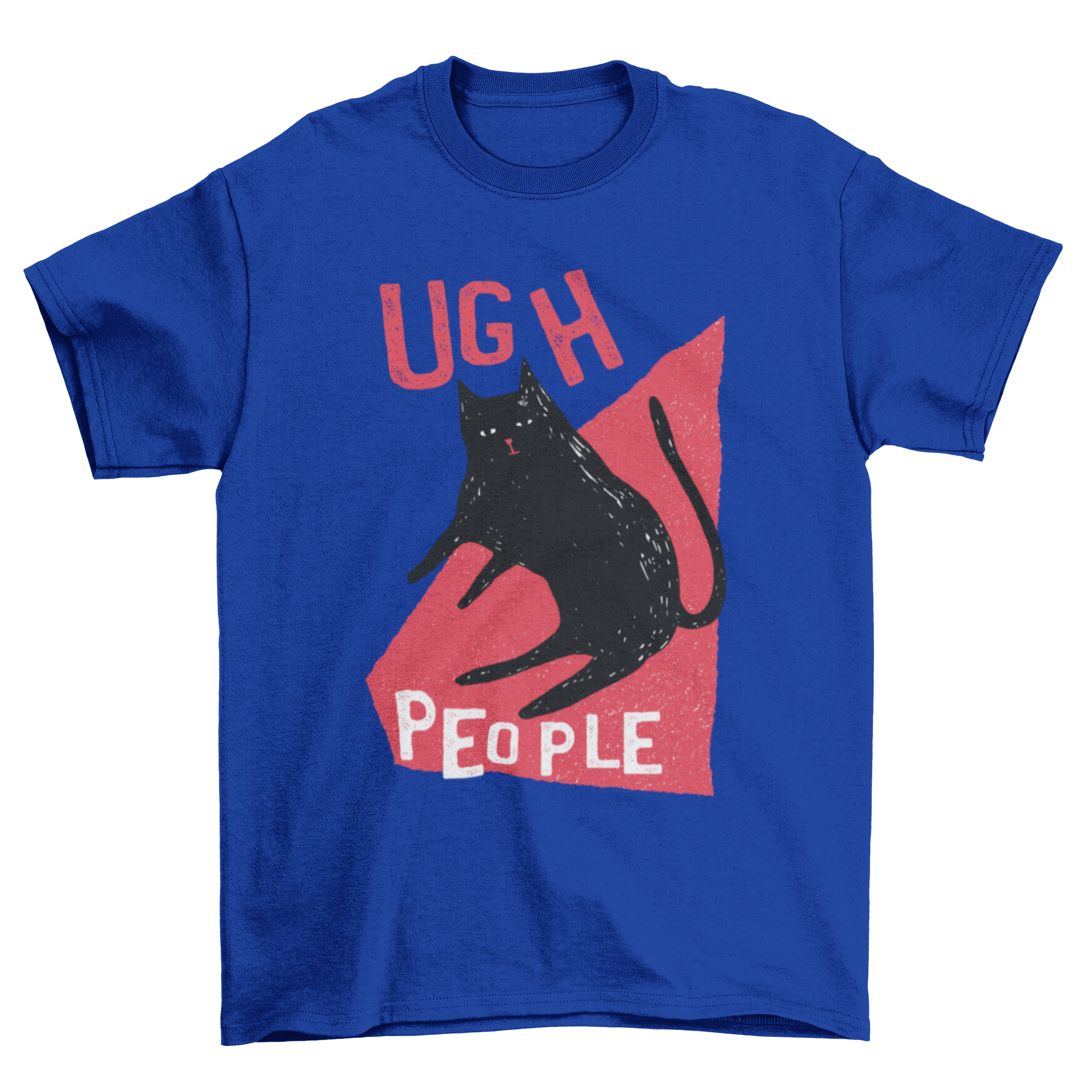 Annoyed black cat illustration with 'Ugh People' text on a vibrant red background, featured on a stylish t-shirt.