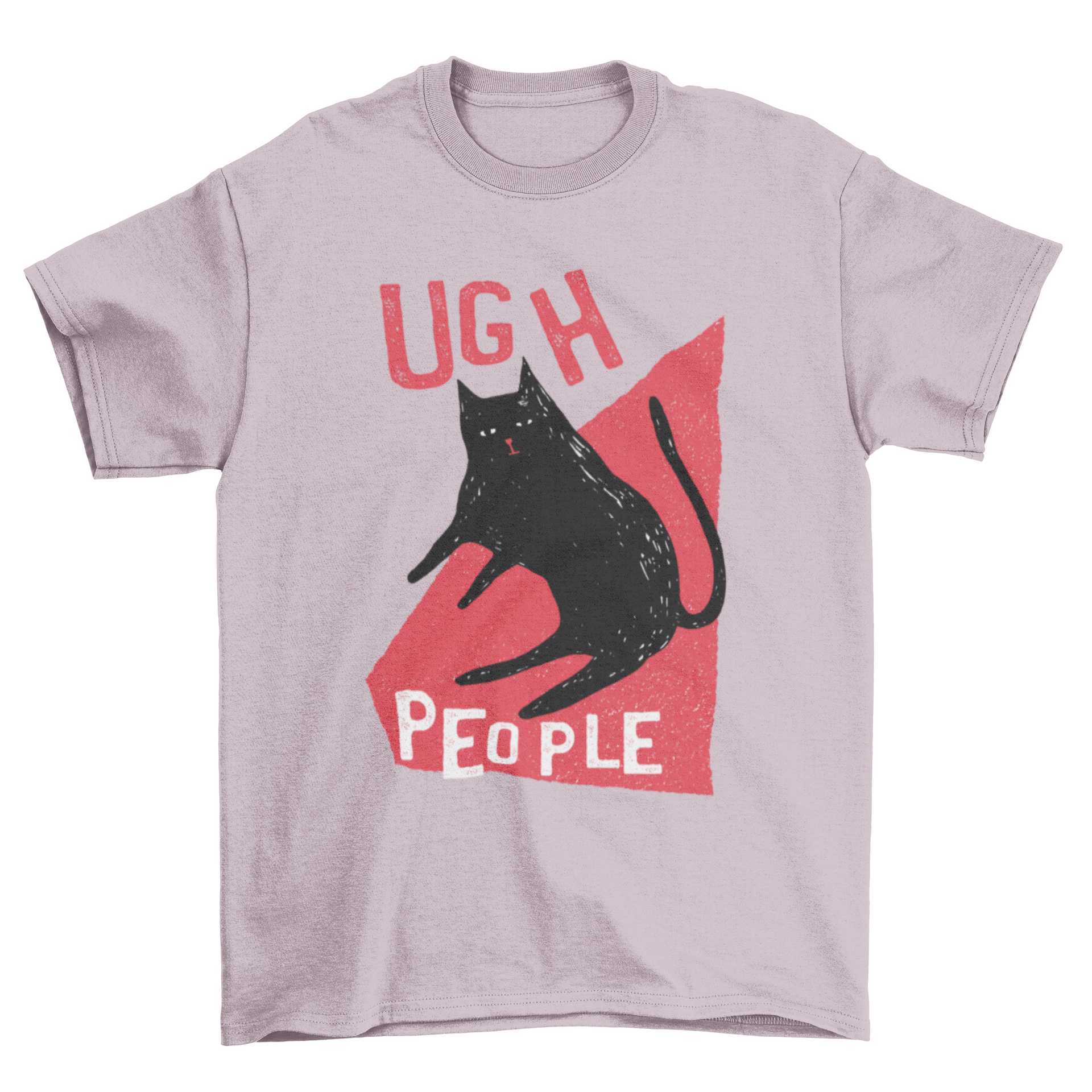 Annoyed black cat illustration with 'Ugh People' text on a vibrant red background, featured on a stylish t-shirt.