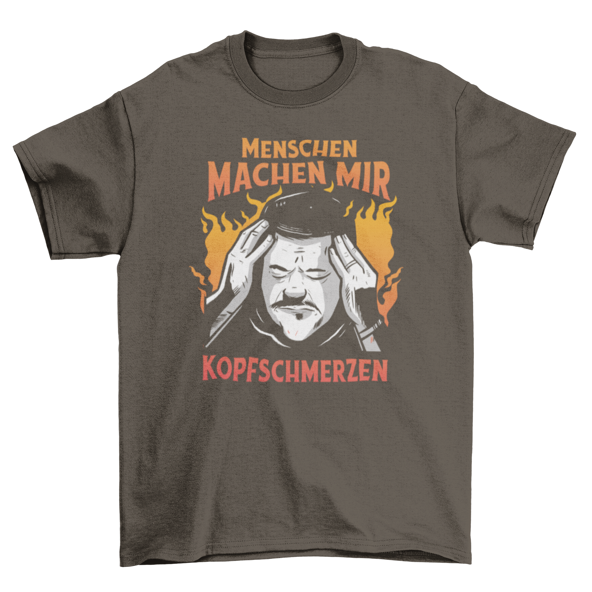 Annoyed German quote t-shirt featuring a man touching his temple with a fiery background, showcasing frustration in a stylish design.