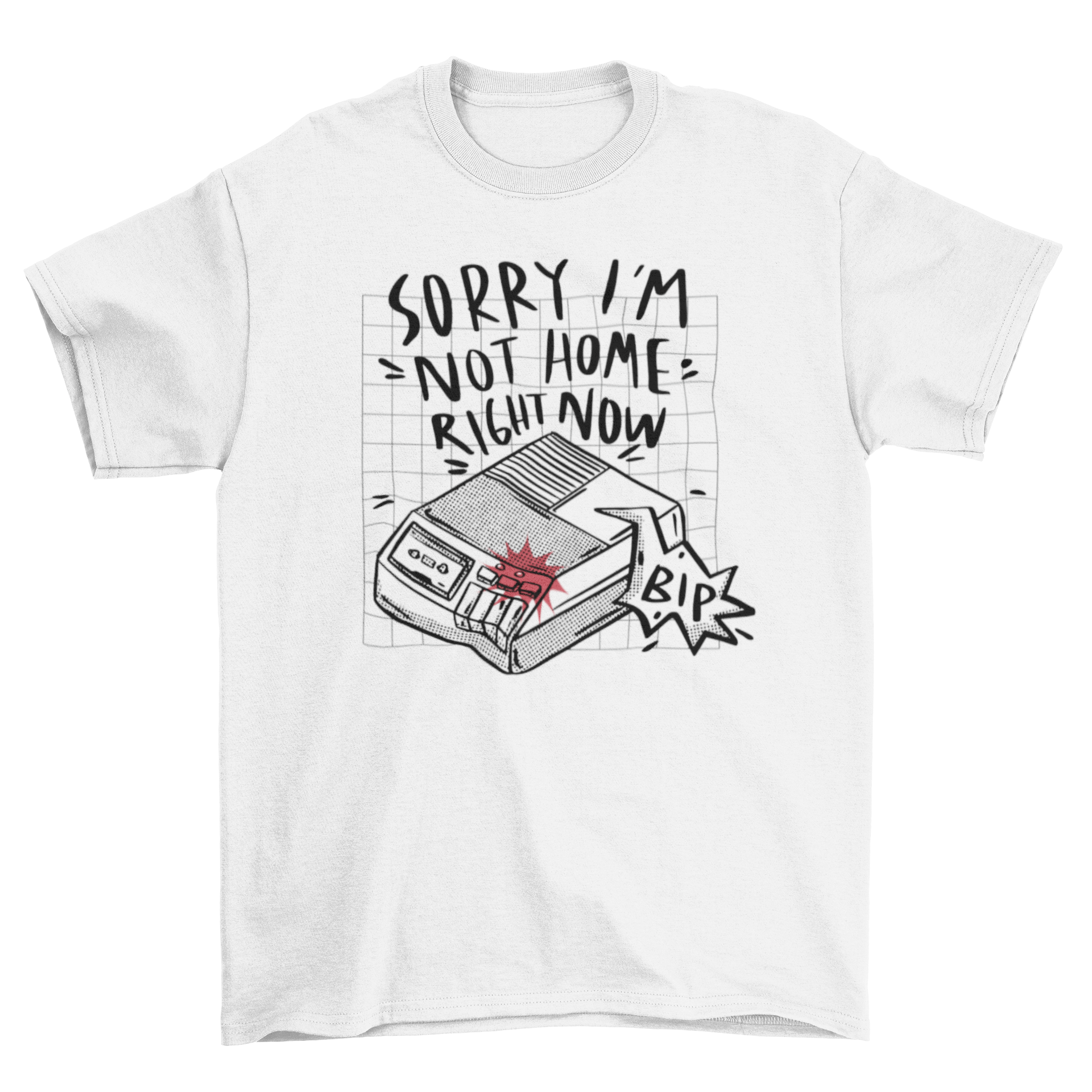 A humorous t-shirt featuring an answering machine graphic and the quote 'Sorry I'm not home right now'.