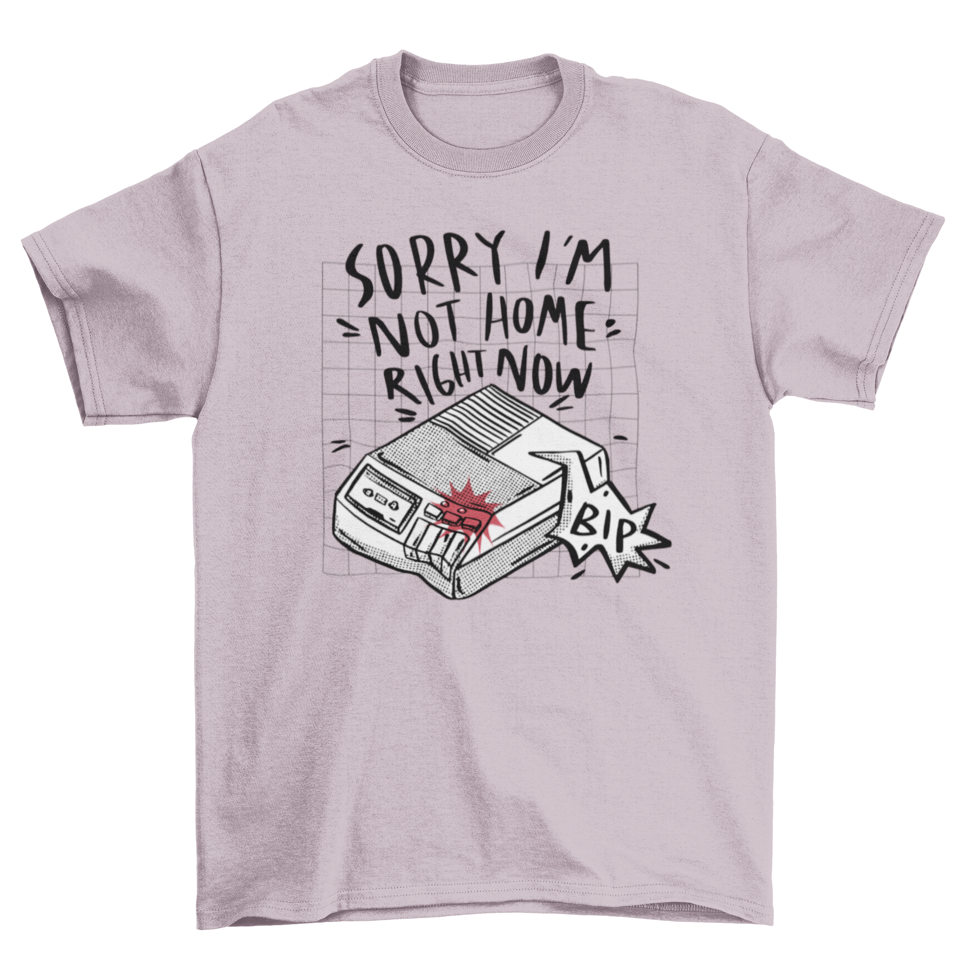 A humorous t-shirt featuring an answering machine graphic and the quote 'Sorry I'm not home right now'.