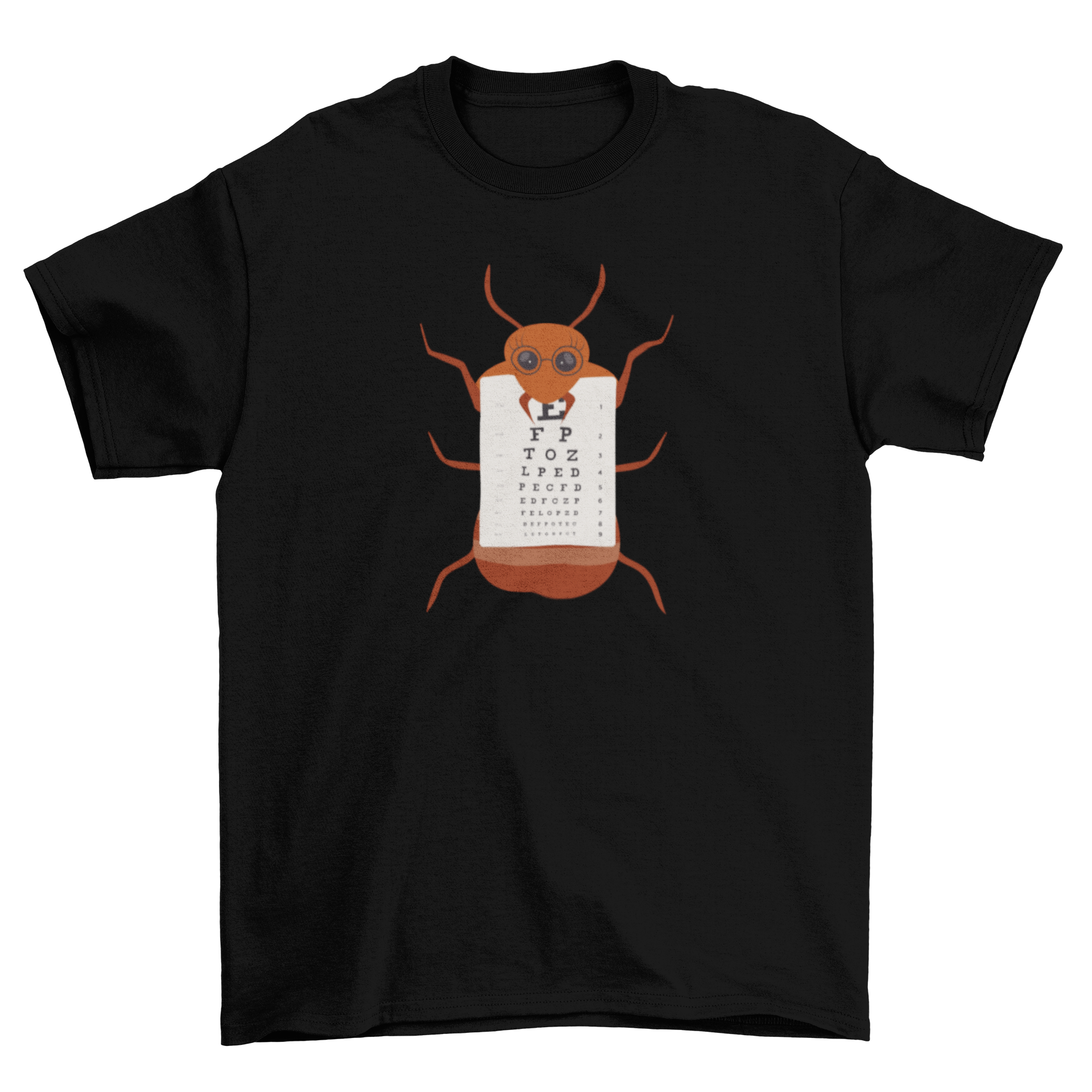 Ant Eye Chart T-Shirt featuring a whimsical ant with glasses holding an eye chart, perfect for casual wear.