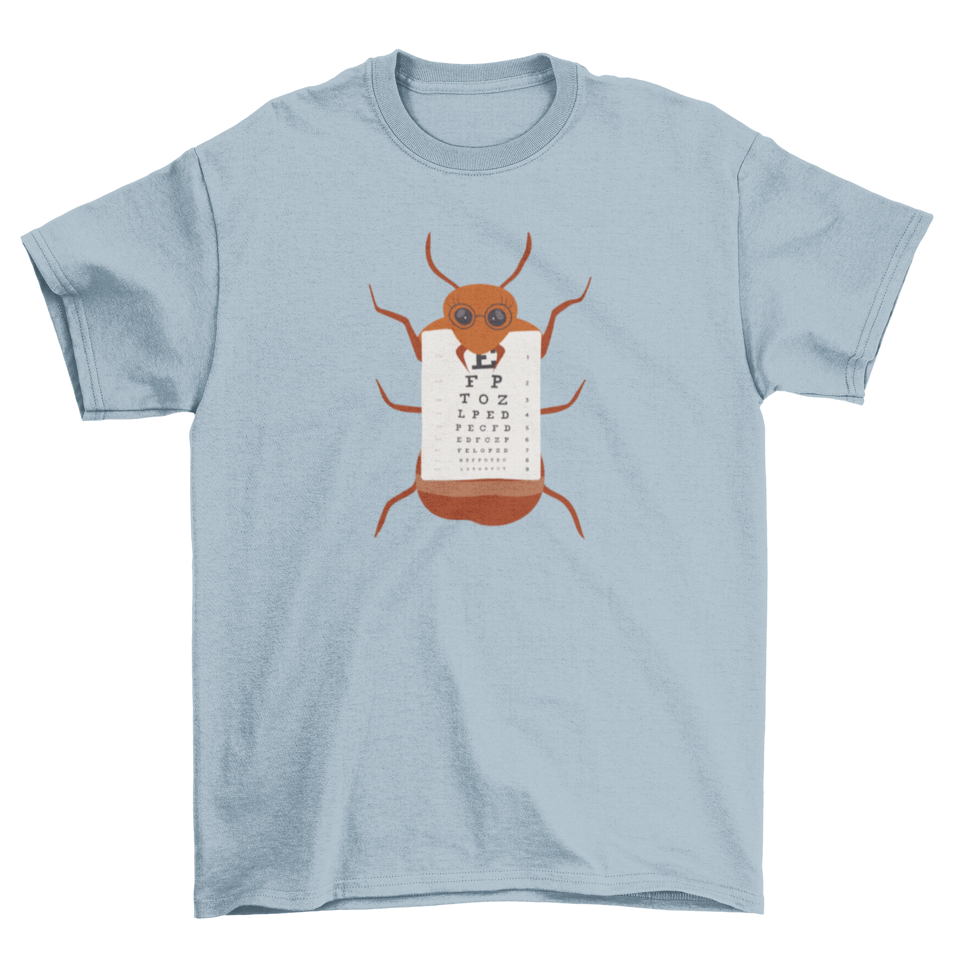 Ant Eye Chart T-Shirt featuring a whimsical ant with glasses holding an eye chart, perfect for casual wear.