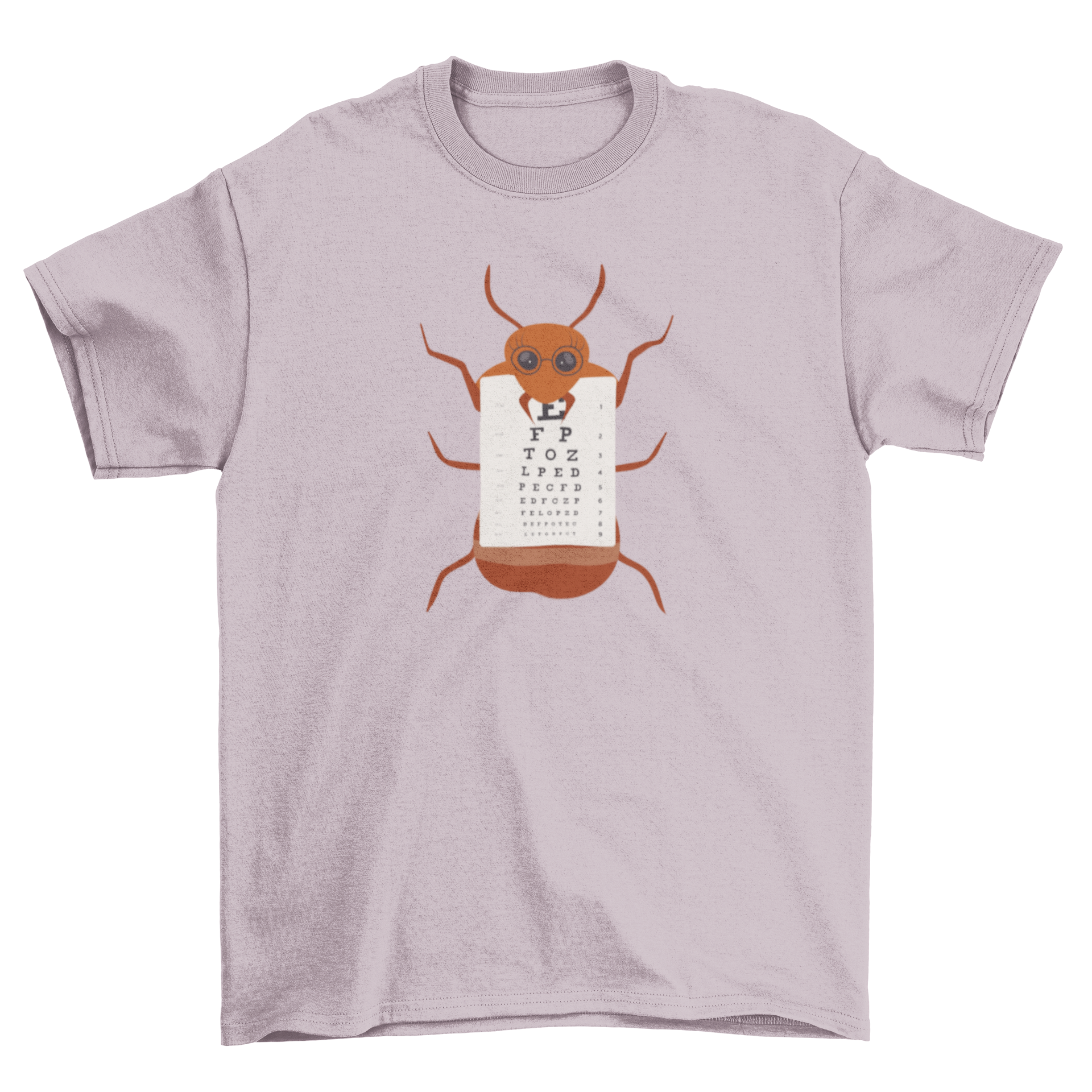 Ant Eye Chart T-Shirt featuring a whimsical ant with glasses holding an eye chart, perfect for casual wear.