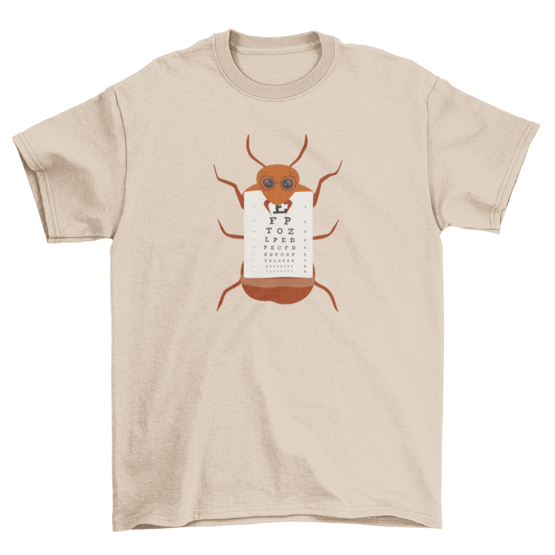 Ant Eye Chart T-Shirt featuring a whimsical ant with glasses holding an eye chart, perfect for casual wear.