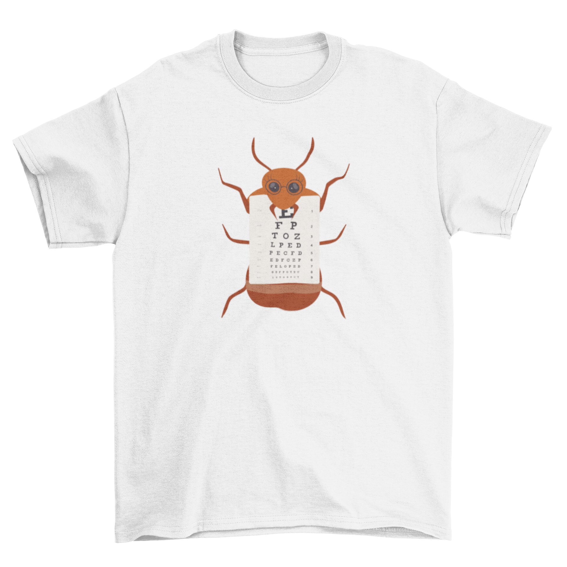 Ant Eye Chart T-Shirt featuring a whimsical ant with glasses holding an eye chart, perfect for casual wear.