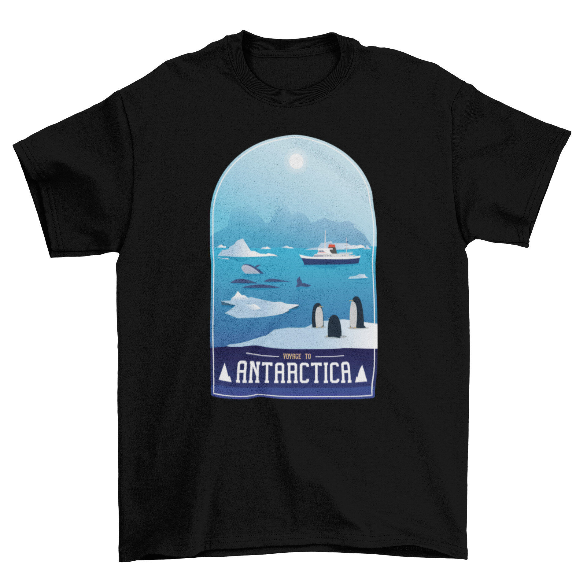 Antarctica T-Shirt featuring glaciers, whales, and penguins design, perfect for travel enthusiasts.