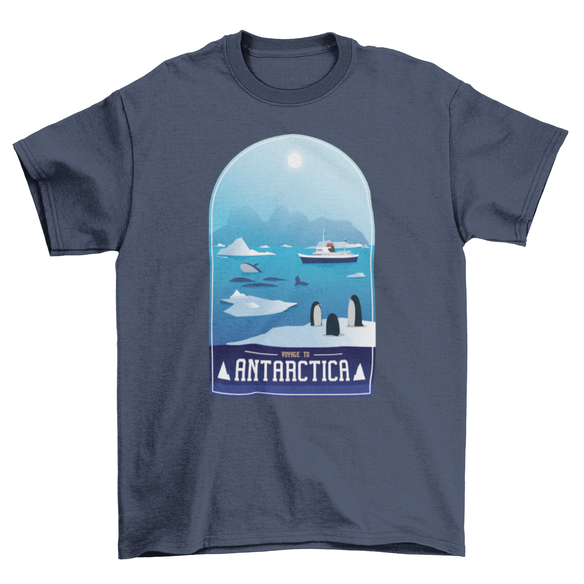 Antarctica T-Shirt featuring glaciers, whales, and penguins design, perfect for travel enthusiasts.