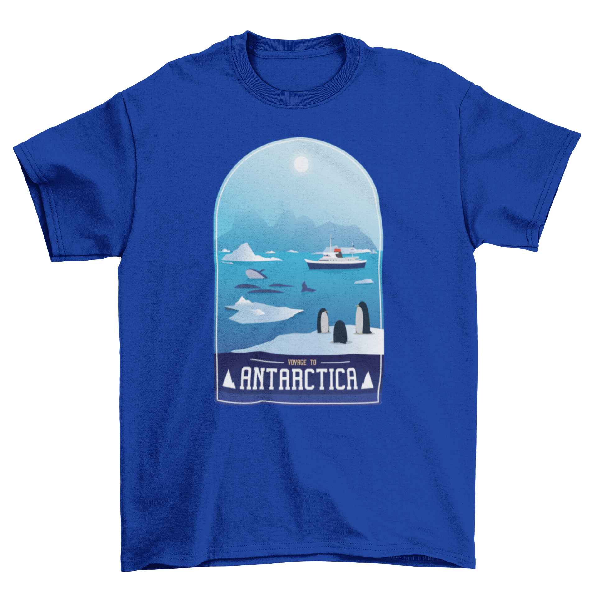 Antarctica T-Shirt featuring glaciers, whales, and penguins design, perfect for travel enthusiasts.