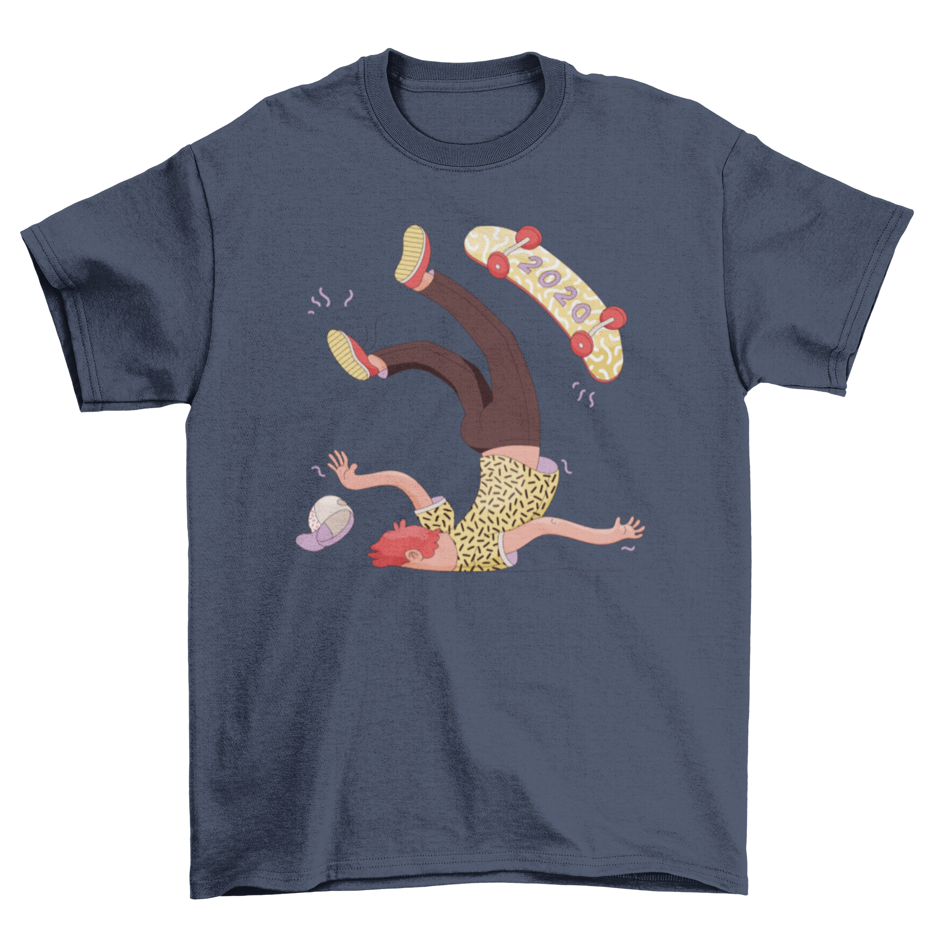 A humorous Anti 2020 t-shirt featuring a male skater falling off his skateboard, showcasing a playful design.