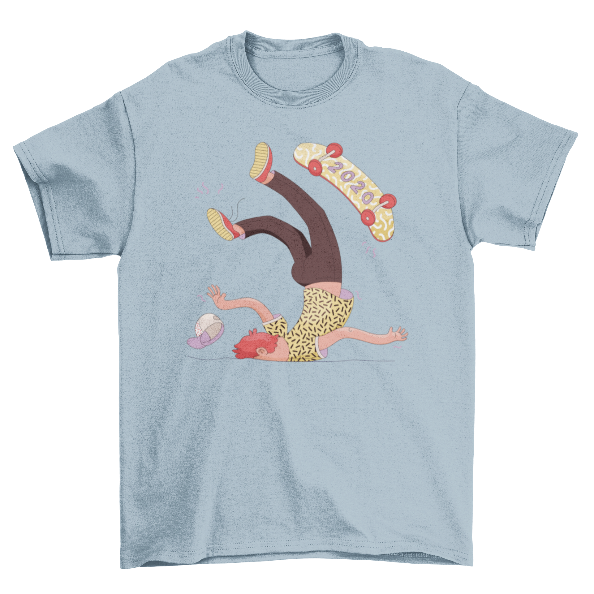 A humorous Anti 2020 t-shirt featuring a male skater falling off his skateboard, showcasing a playful design.