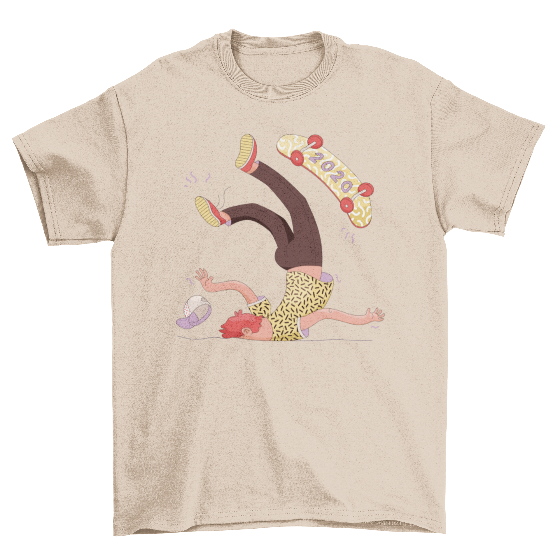 A humorous Anti 2020 t-shirt featuring a male skater falling off his skateboard, showcasing a playful design.