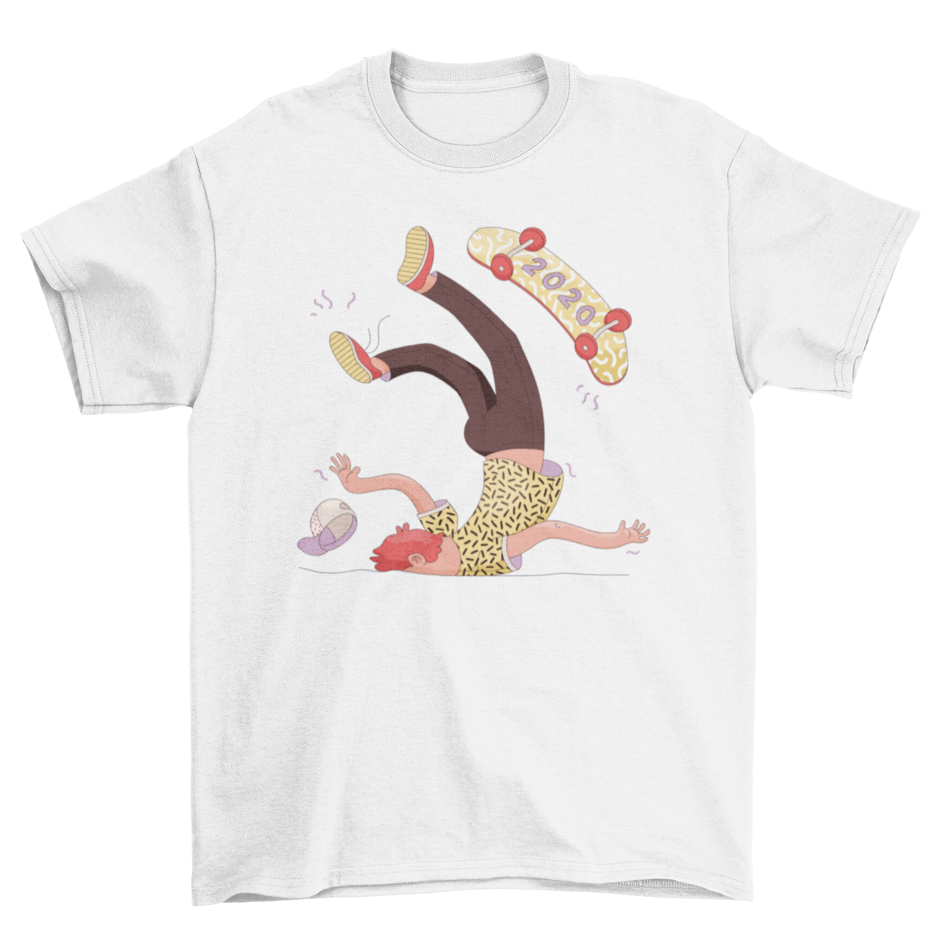 A humorous Anti 2020 t-shirt featuring a male skater falling off his skateboard, showcasing a playful design.