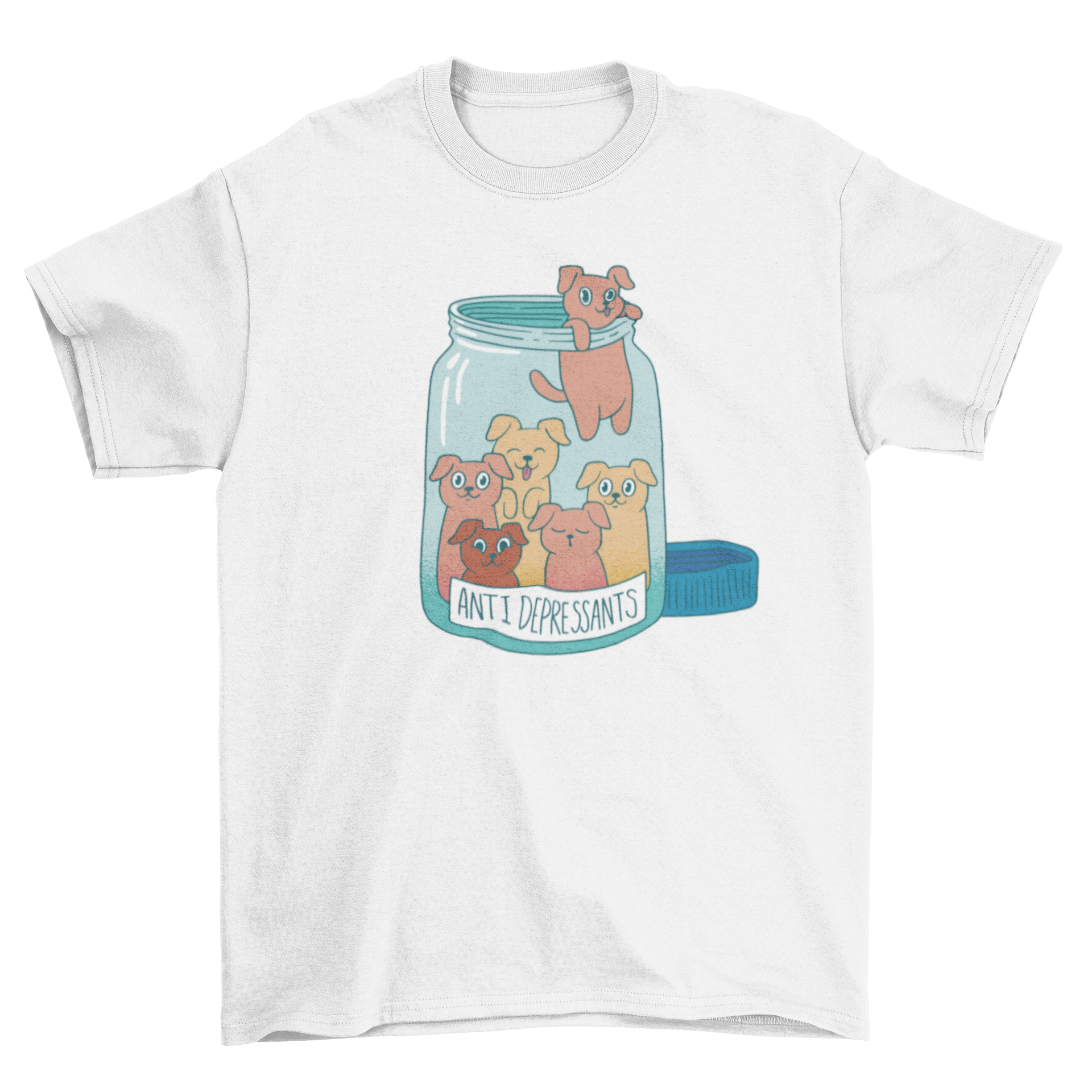 A playful t-shirt featuring a jar full of dogs and the quote 'Anti depressants', perfect for dog lovers.