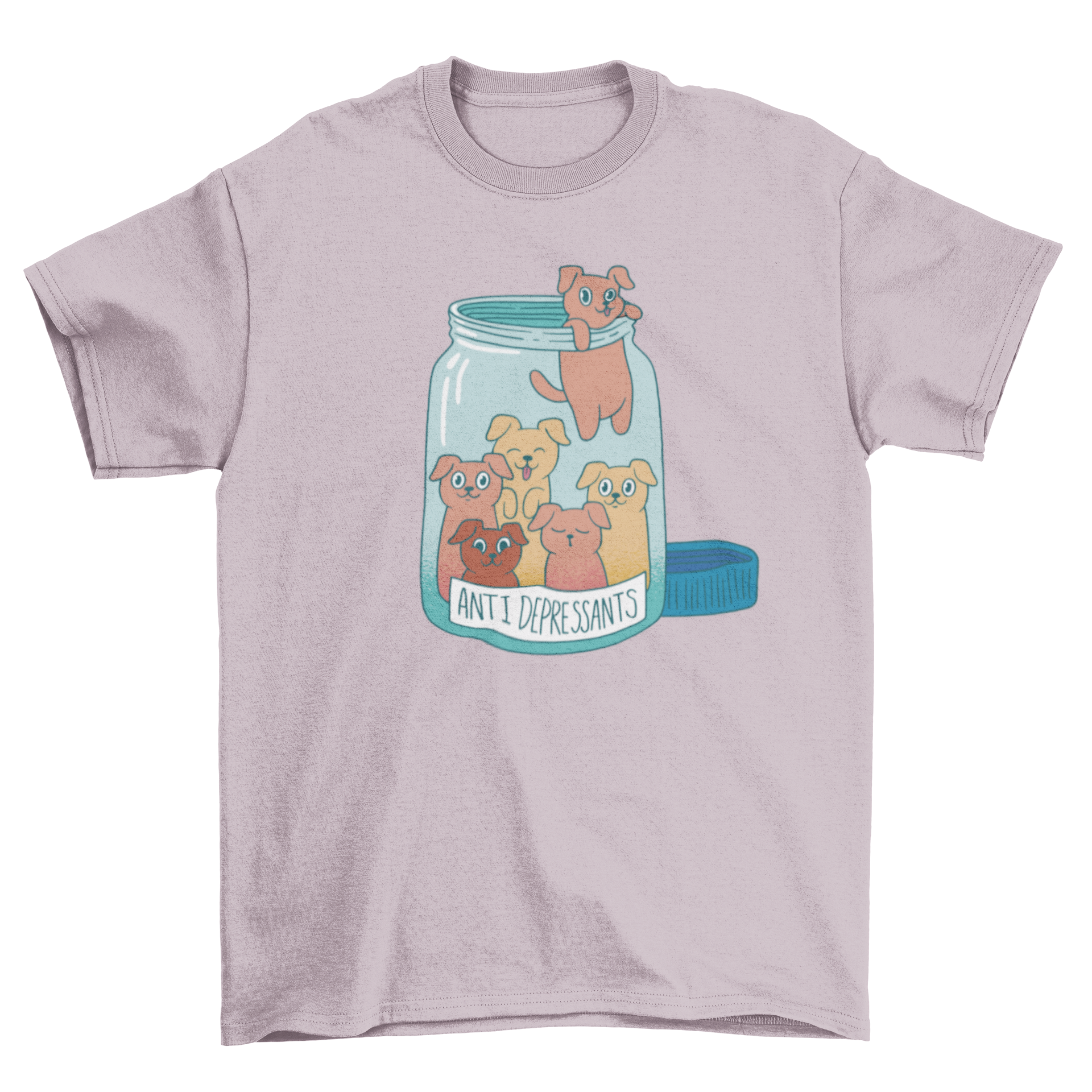 A playful t-shirt featuring a jar full of dogs and the quote 'Anti depressants', perfect for dog lovers.