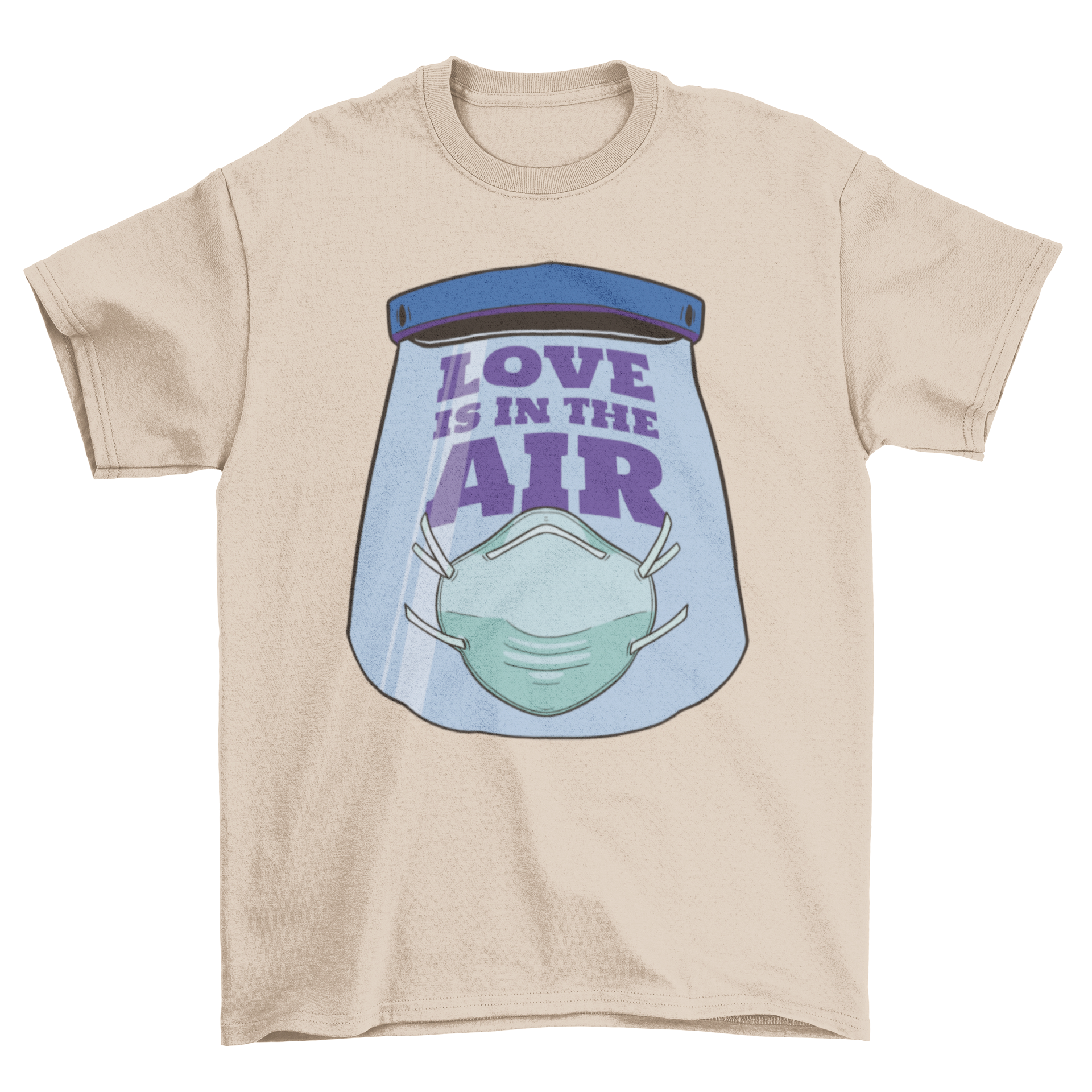 Anti Valentine's Day t-shirt featuring a coronavirus mask and the quote 'Love is in the air'.