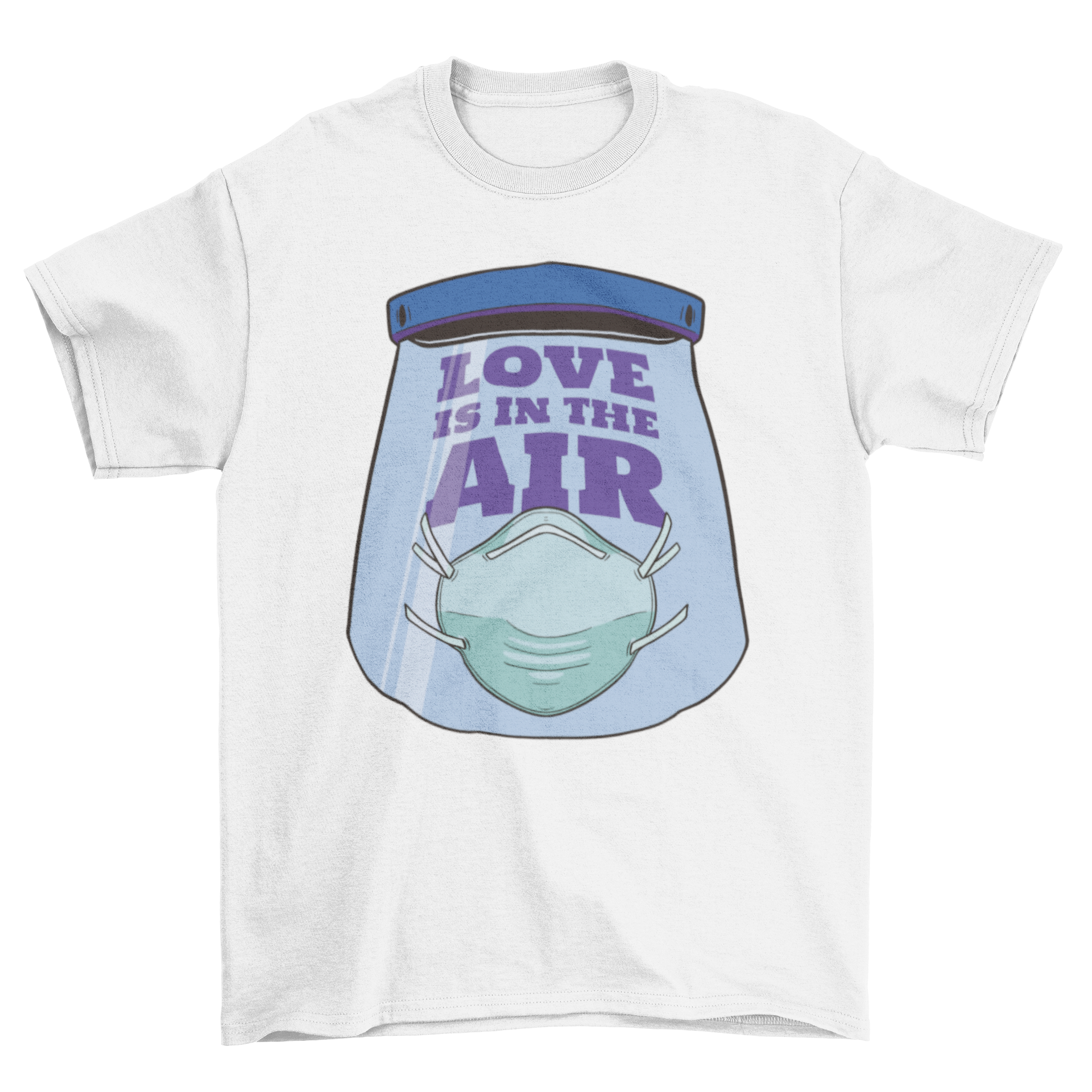 Anti Valentine's Day t-shirt featuring a coronavirus mask and the quote 'Love is in the air'.