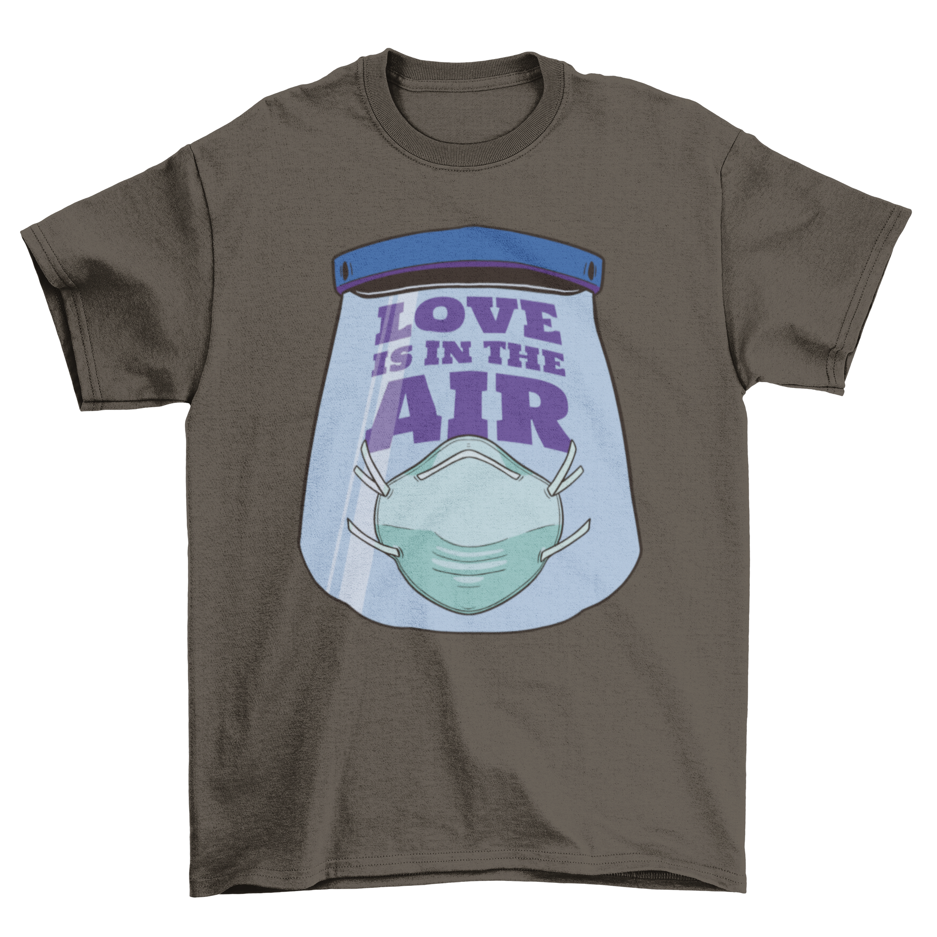 Anti Valentine's Day t-shirt featuring a coronavirus mask and the quote 'Love is in the air'.