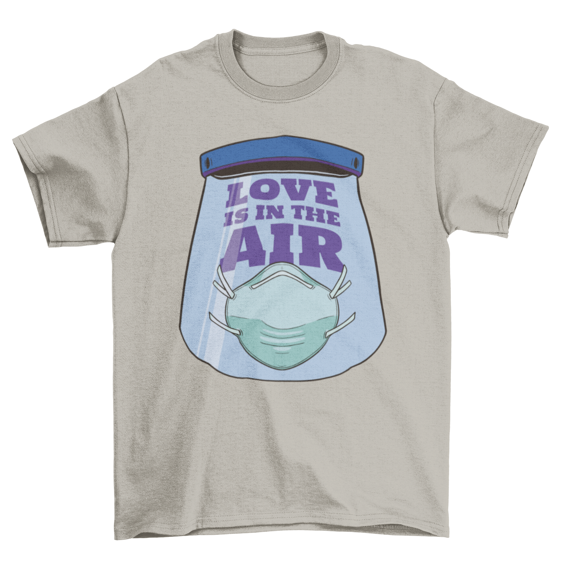 Anti Valentine's Day t-shirt featuring a coronavirus mask and the quote 'Love is in the air'.