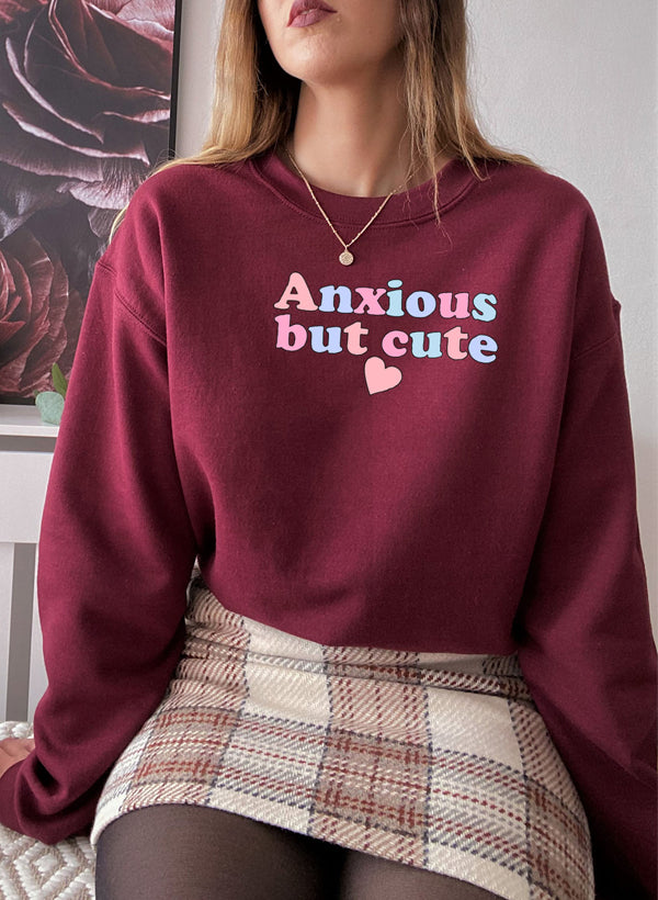 Anxious But Cute Sweat Shirt featuring a cozy fleece lining and adjustable cuffs, designed for comfort and style.