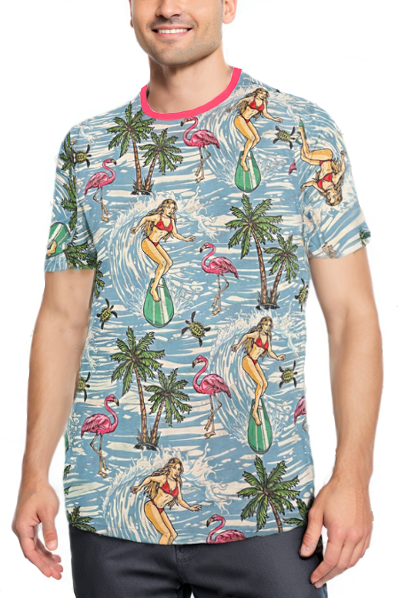 AP04 All Over Print Tropical T-shirt featuring vibrant floral designs, round neck, and short sleeves, perfect for summer wear.