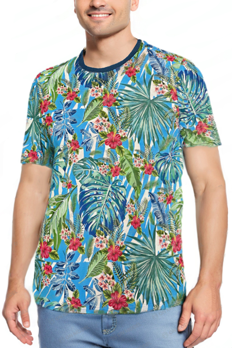 AP06 All Over Print Tropical T-shirt featuring vibrant floral designs, round neck, and short sleeves, perfect for summer wear.