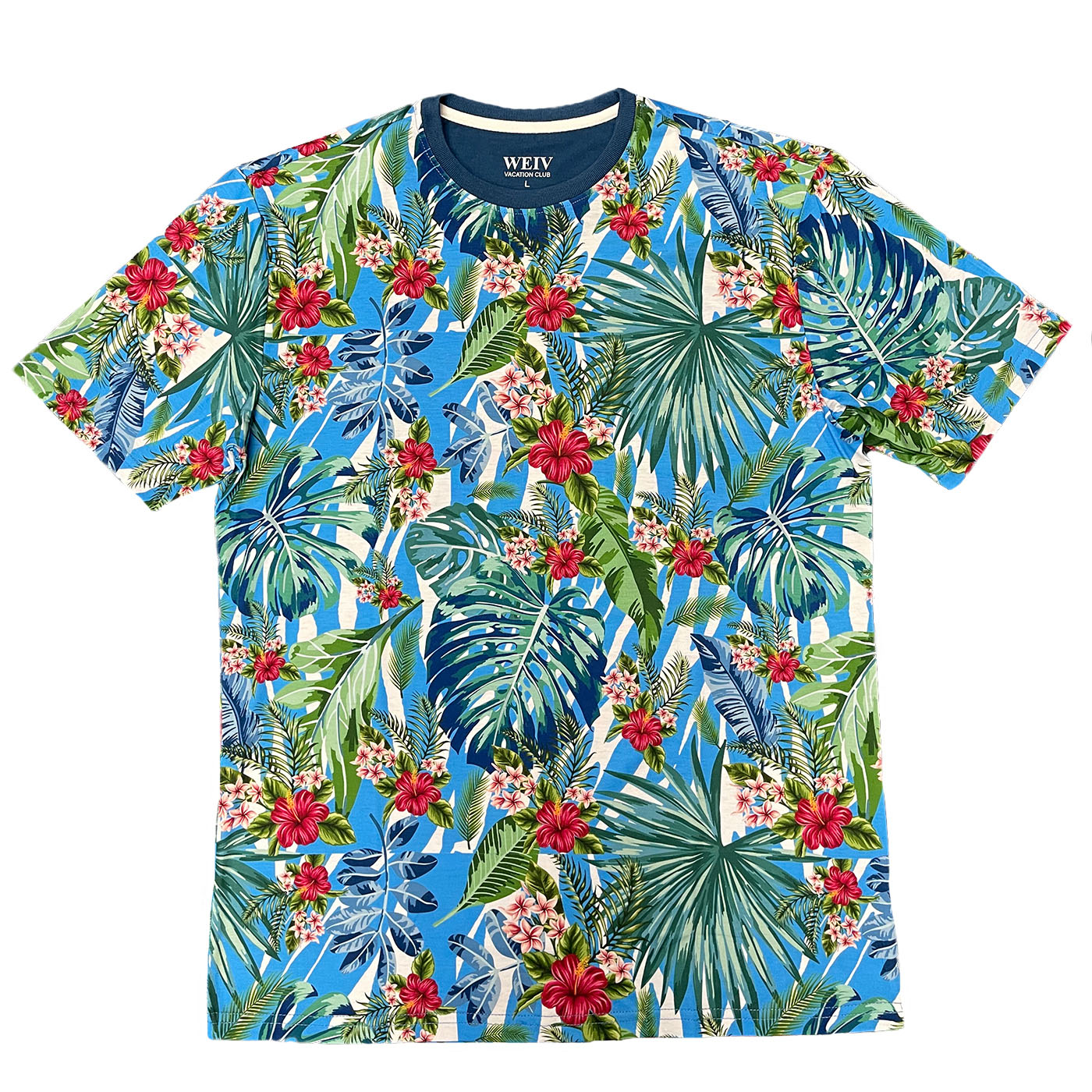 AP06 All Over Print Tropical T-shirt featuring vibrant floral designs, round neck, and short sleeves, perfect for summer wear.