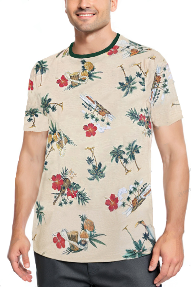 AP07 All Over Print Tropical T-shirt featuring vibrant floral designs, round neck, and short sleeves, perfect for summer wear.