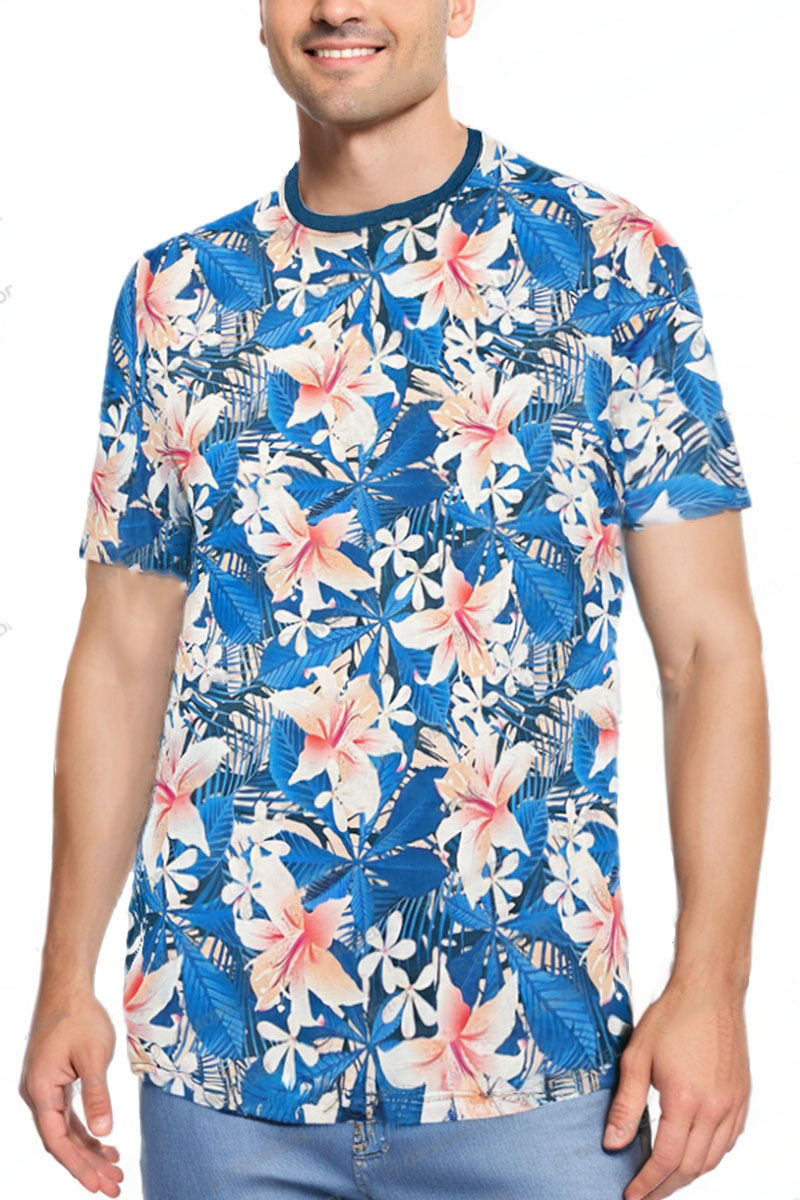 AP08 All Over Print Tropical T-shirt featuring vibrant floral designs, round neck, and short sleeves, perfect for summer wear.