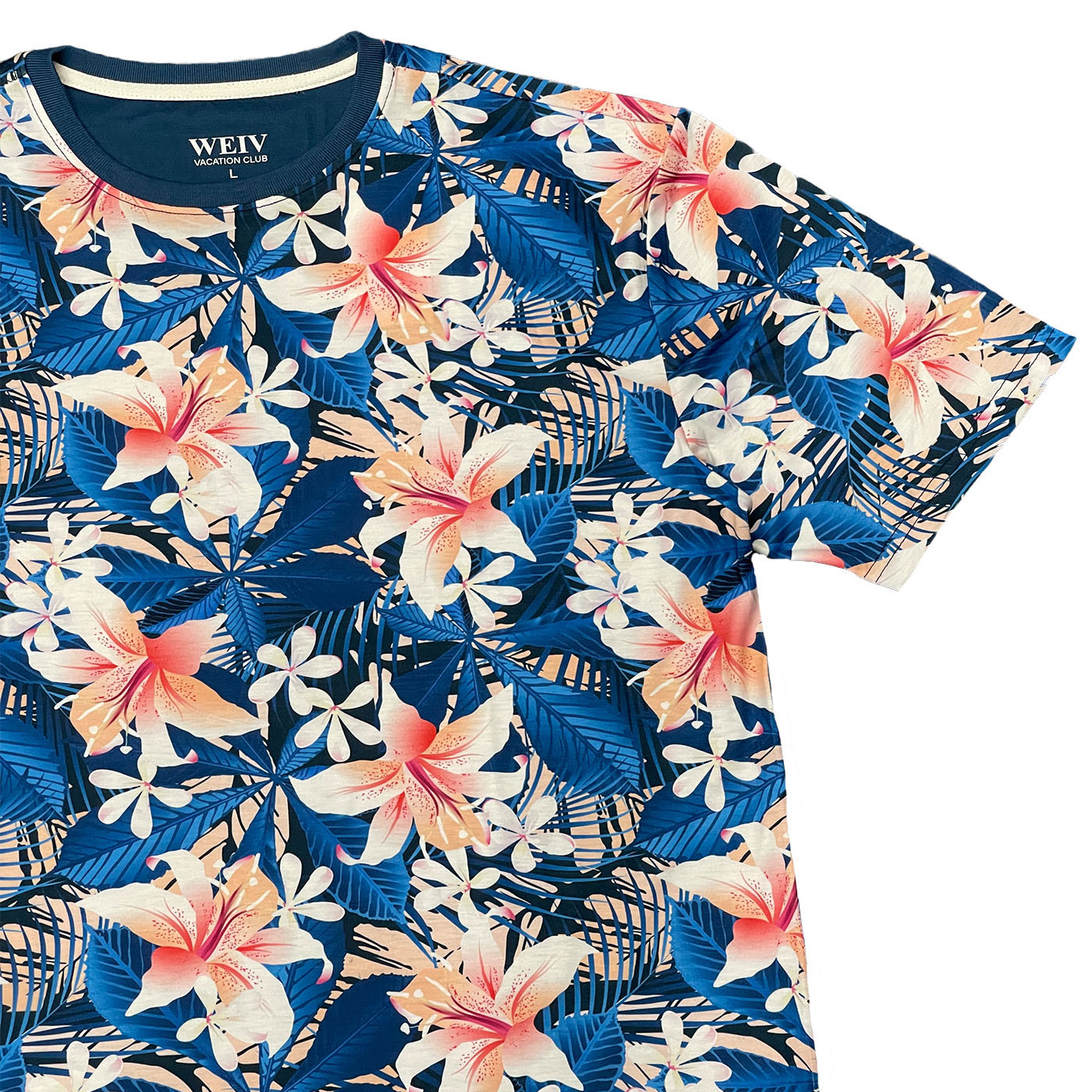 AP08 All Over Print Tropical T-shirt featuring vibrant floral designs, round neck, and short sleeves, perfect for summer wear.