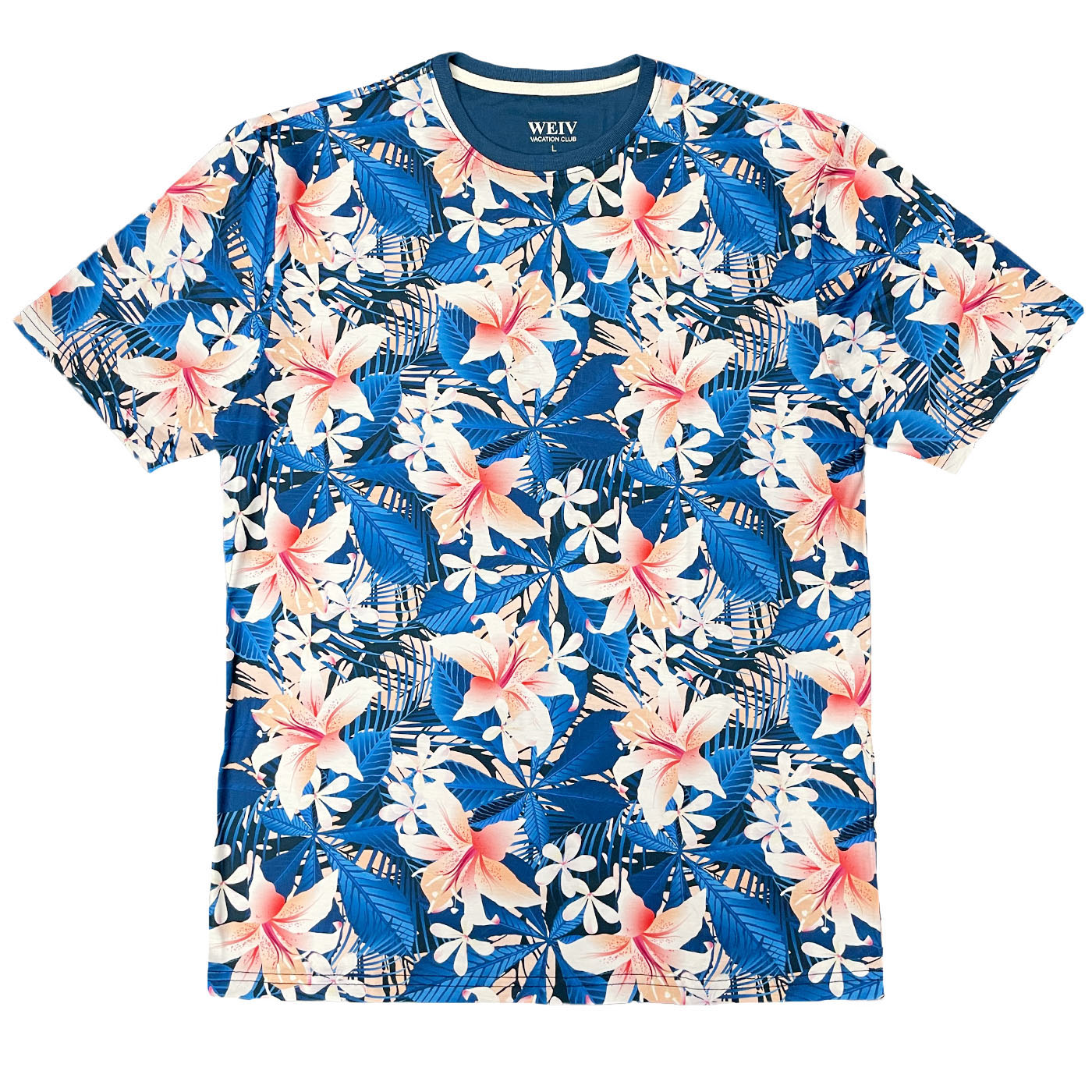 AP08 All Over Print Tropical T-shirt featuring vibrant floral designs, round neck, and short sleeves, perfect for summer wear.