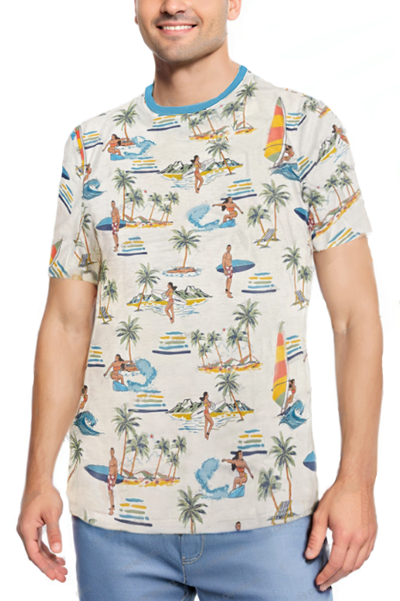 AP12 All Over Print Tropical T-shirt featuring vibrant floral designs, round neck, and short sleeves, perfect for summer wear.