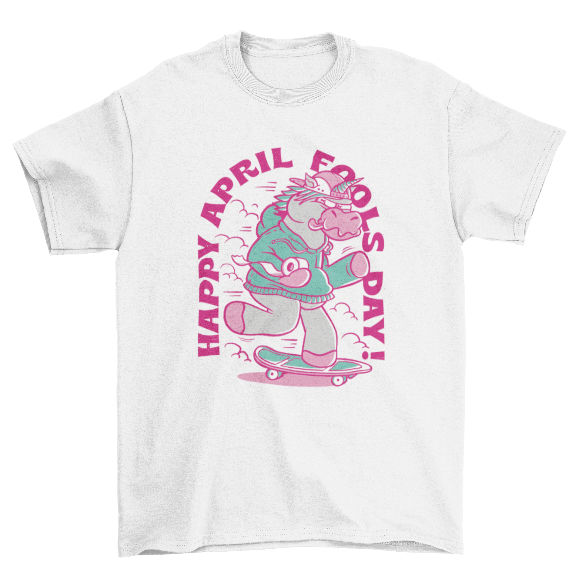 A colorful t-shirt featuring a skater unicorn with a roll of toilet paper and the text 'Happy April Fools Day!'