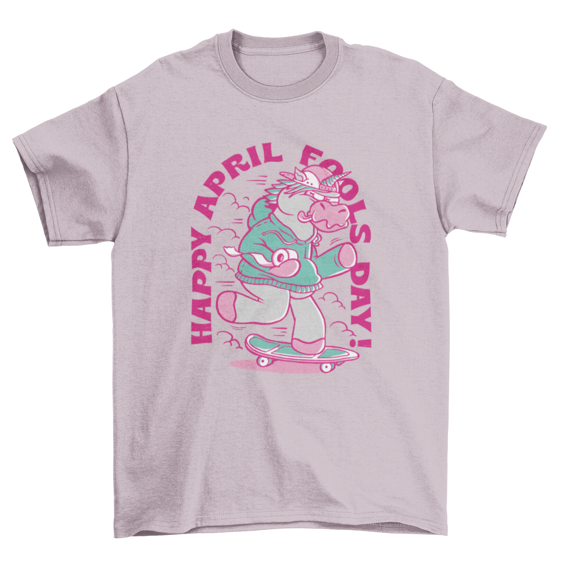 A colorful t-shirt featuring a skater unicorn with a roll of toilet paper and the text 'Happy April Fools Day!'