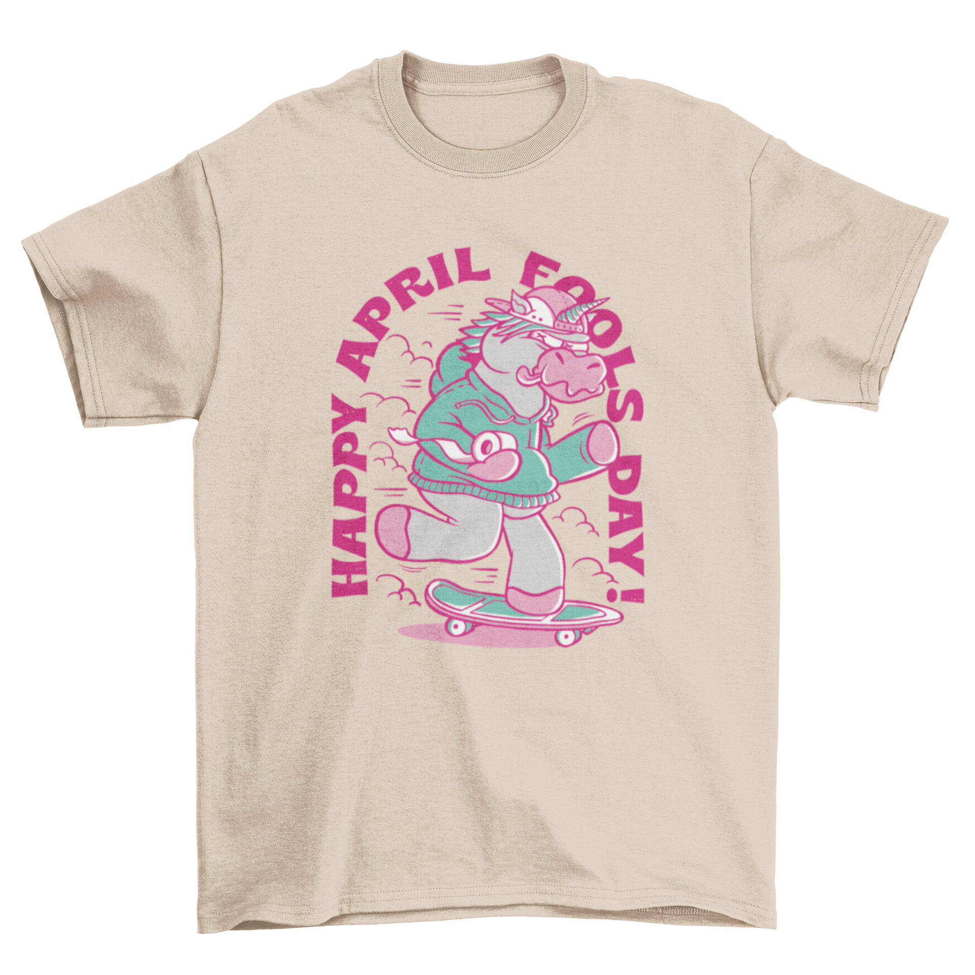 A colorful t-shirt featuring a skater unicorn with a roll of toilet paper and the text 'Happy April Fools Day!'