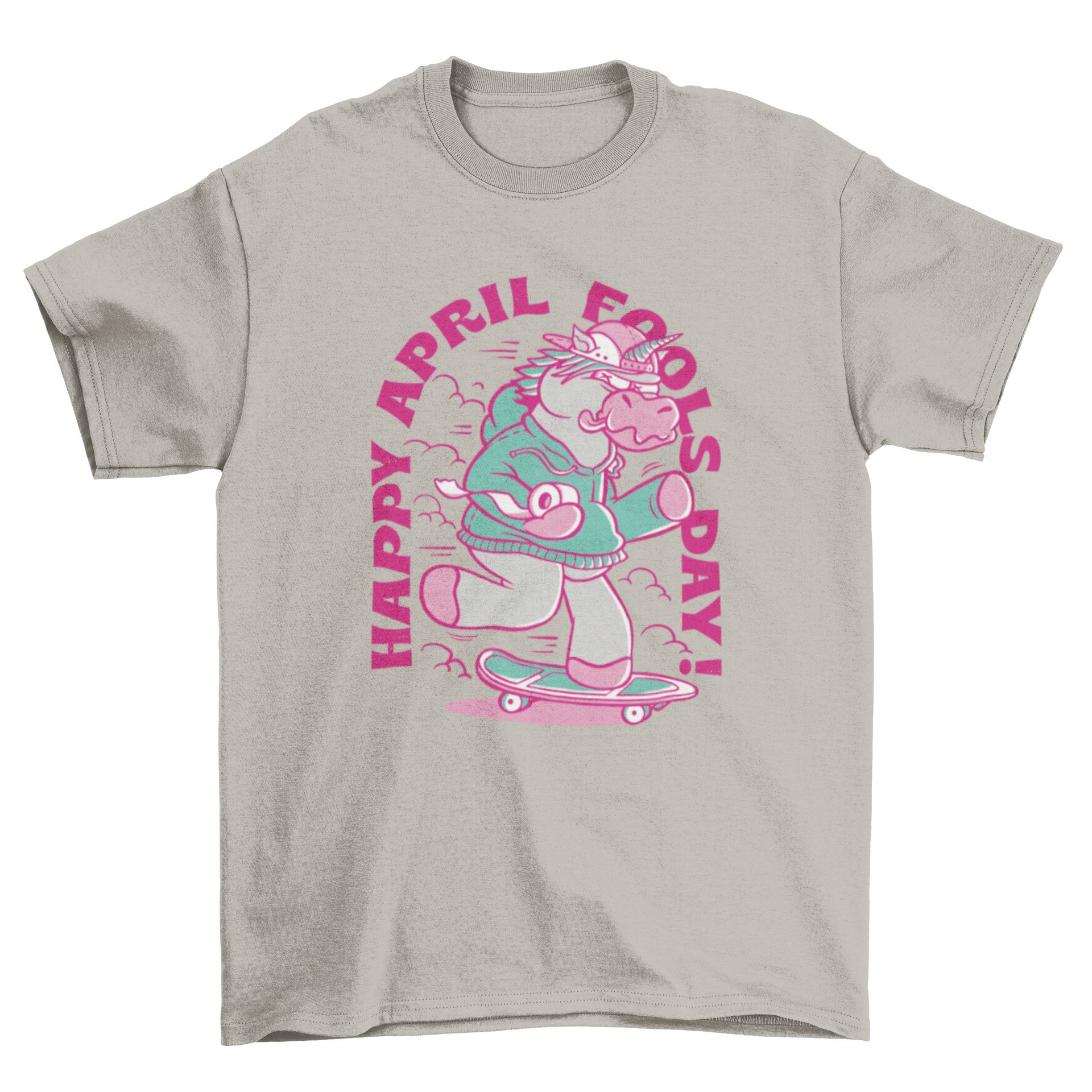 A colorful t-shirt featuring a skater unicorn with a roll of toilet paper and the text 'Happy April Fools Day!'