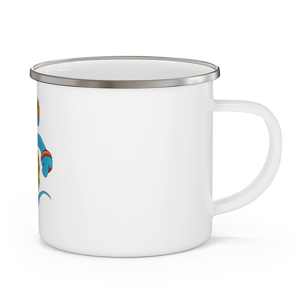 Aqrine Enamel Camping Mug in a rustic outdoor setting, showcasing its durable design and personalized printing options.