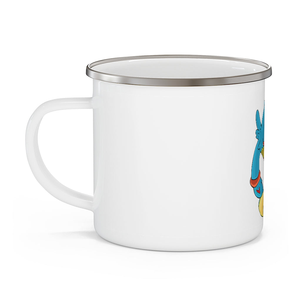 Aqrine Enamel Camping Mug in a rustic outdoor setting, showcasing its durable design and personalized printing options.